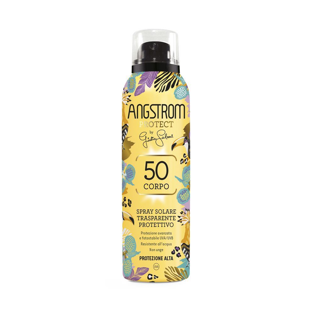 Bomboletta spray gialla con motivi floreali e uccelli. Tappo nero. Testo: Angstrom, SPF50, Spray Solare Trasparente. Protezione.