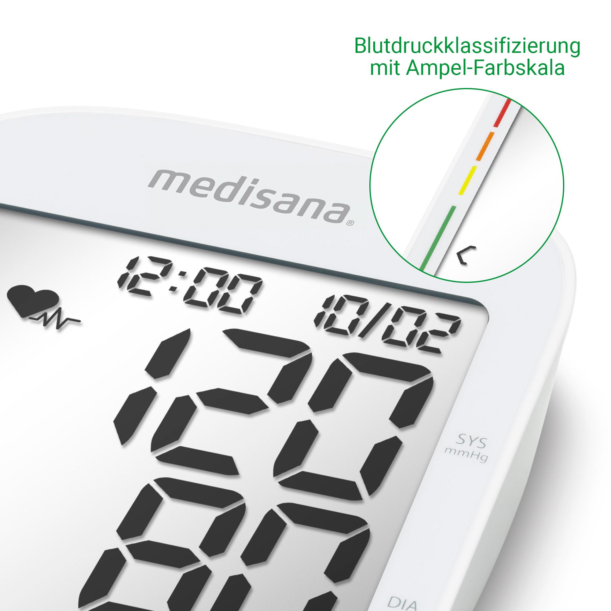Nahaufnahme des Displays eines Medisana Blutdruckmessgeräts mit Farbskala.