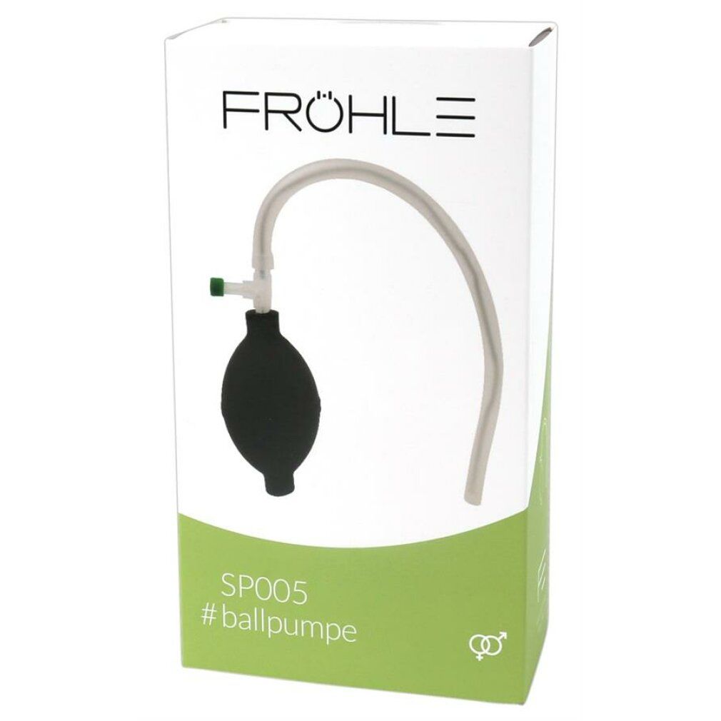 Produktverpackung mit schwarzer Ballpumpe, transparentem Schlauch und grünem Ventil. Marke Fröhle, Modell SP005.
