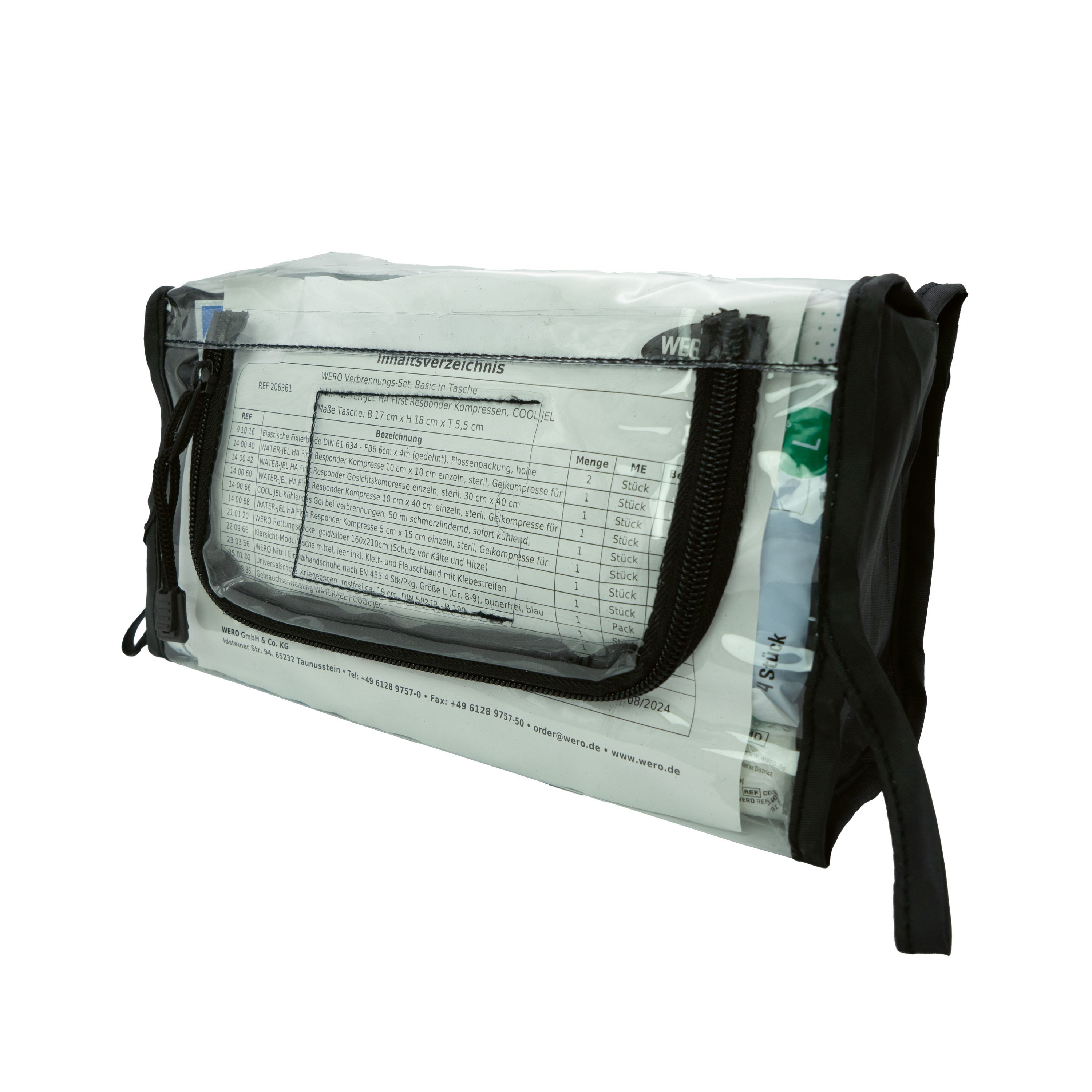 WERO Verbrennungs-Set Basic in der Tasche. Schwarze Tasche mit transparentem Fach. Reißverschluss und Trageschlaufe.