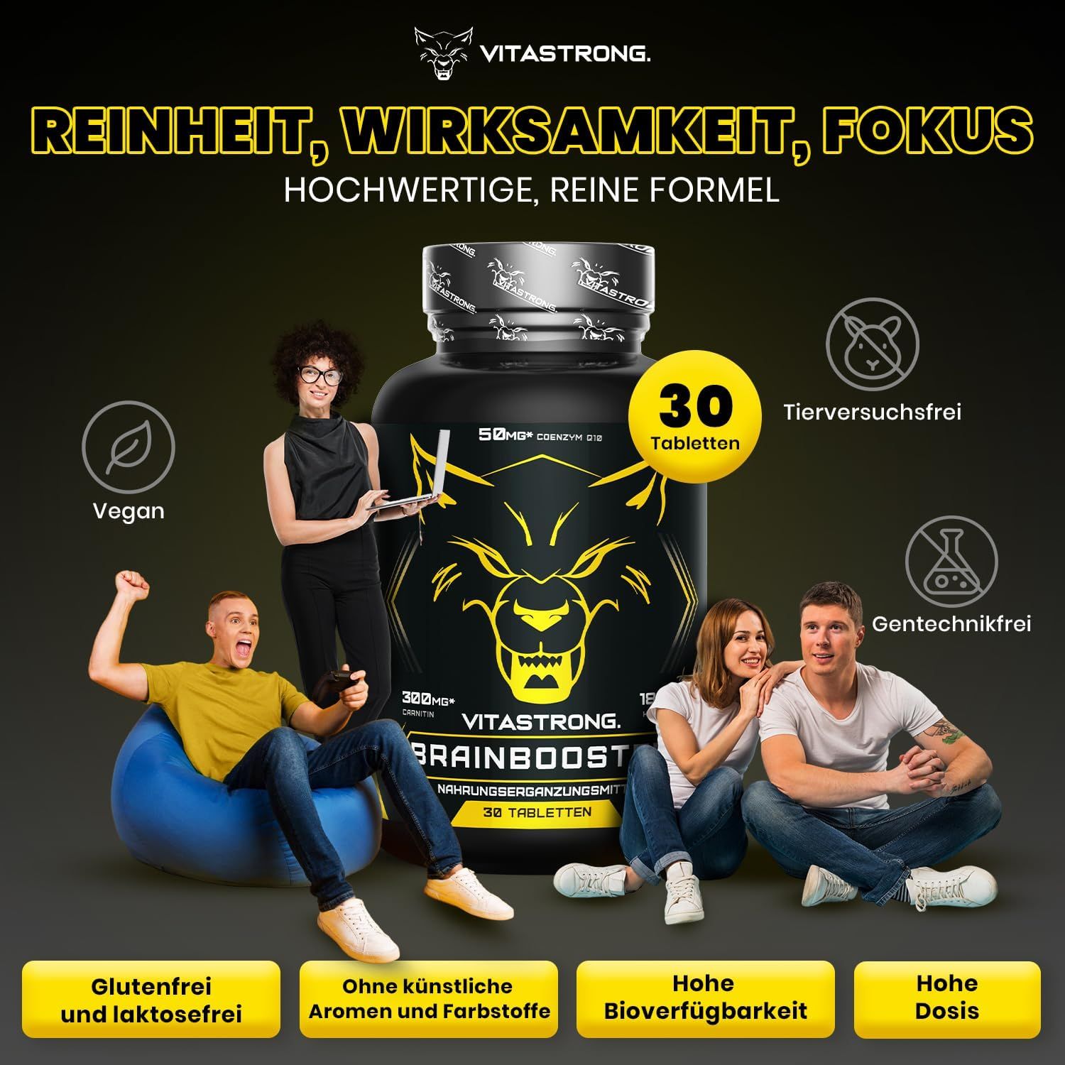 Vitastrong Brainbooster, 30 Tabletten. Verpackung mit Inhaltsangaben in Englisch, Deutsch, Spanisch, Französisch.