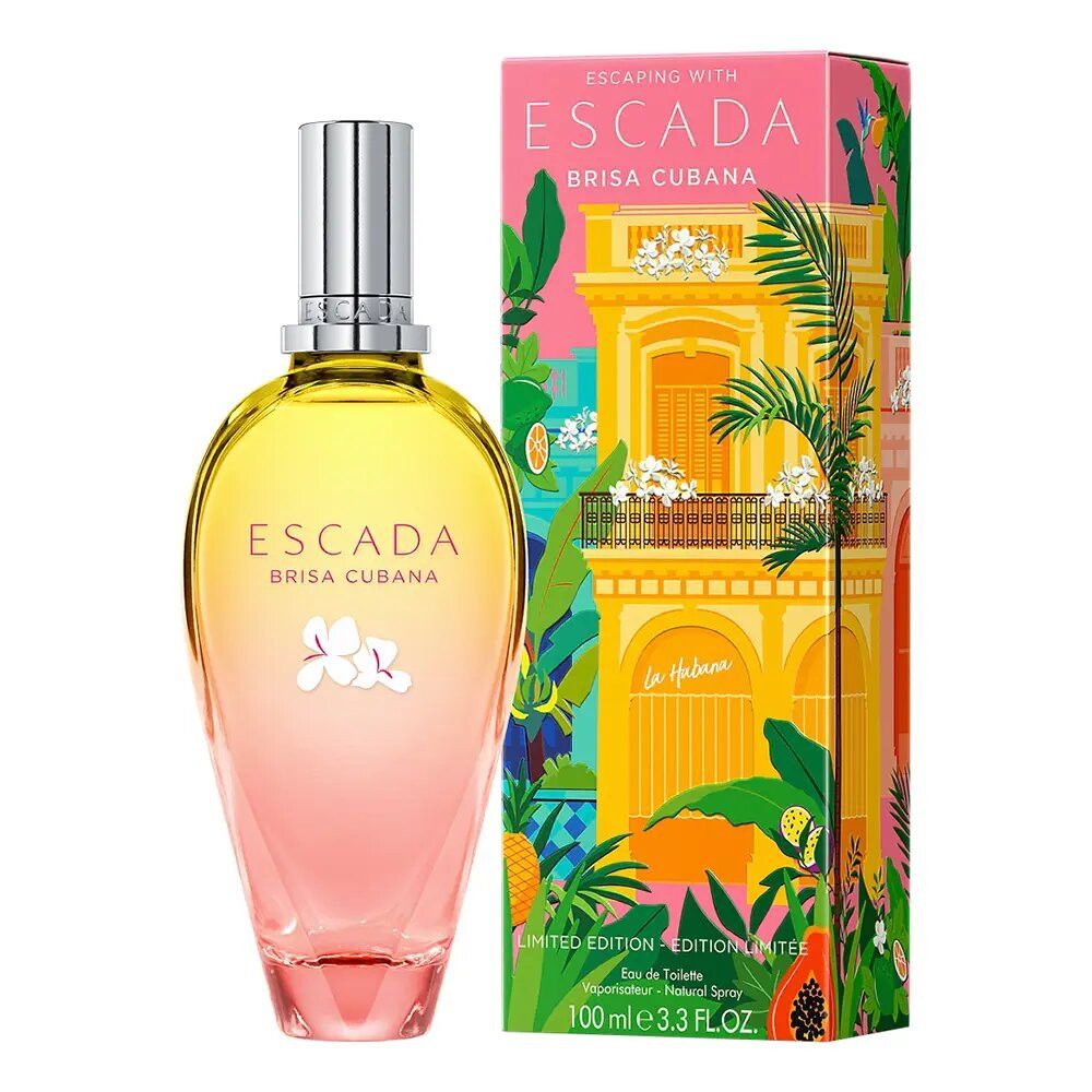 Parfümflasche mit gelb-rosa Farbverlauf und silbernem Verschluss. Aufschrift: Escada Brisa Cubana. Verpackung mit tropischem Design.