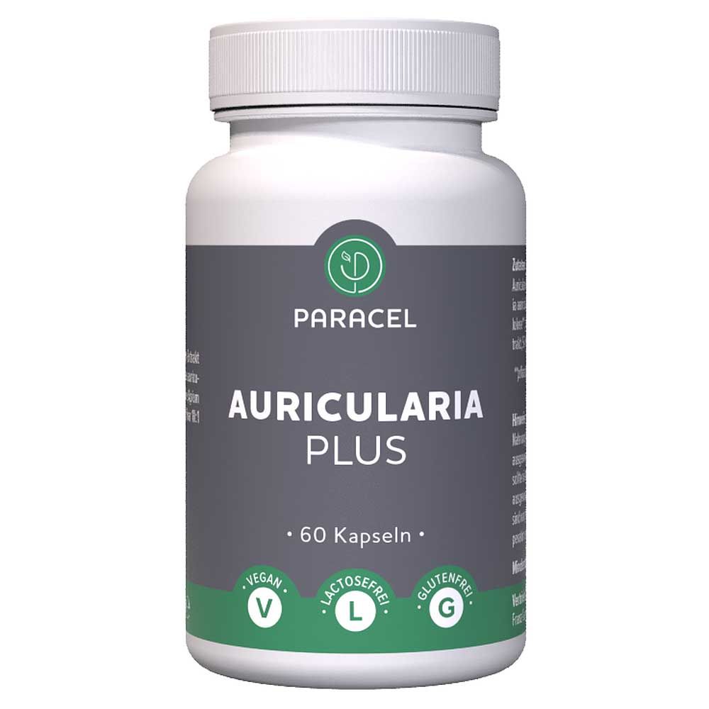 Weiße Flasche mit Kapseln. Aufschrift: Paracel Auricularia Plus, 60 Kapseln. Vegan, laktosefrei, glutenfrei.
