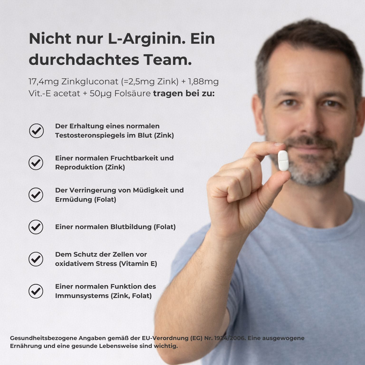 Mann hält Tablette. Text: Nicht nur L-Arginin. Ein durchdachtes Team. Aufzählung von Vorteilen.
