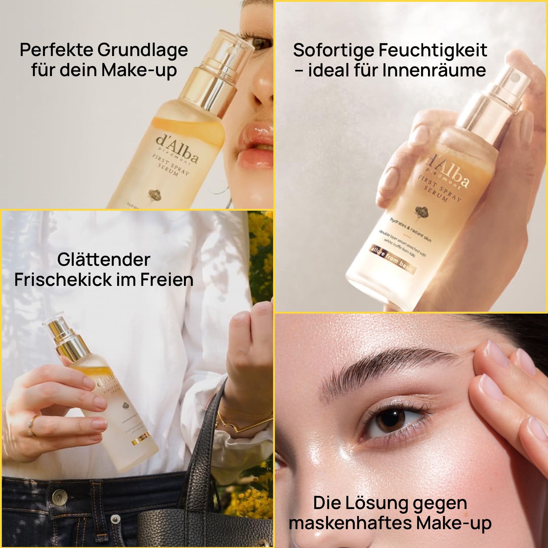 Collage mit Produkt und Frauen. Text: d'Alba, First Spray Serum. Text: Perfekte Grundlage, Sofortige Feuchtigkeit, Glättender Frischekick.