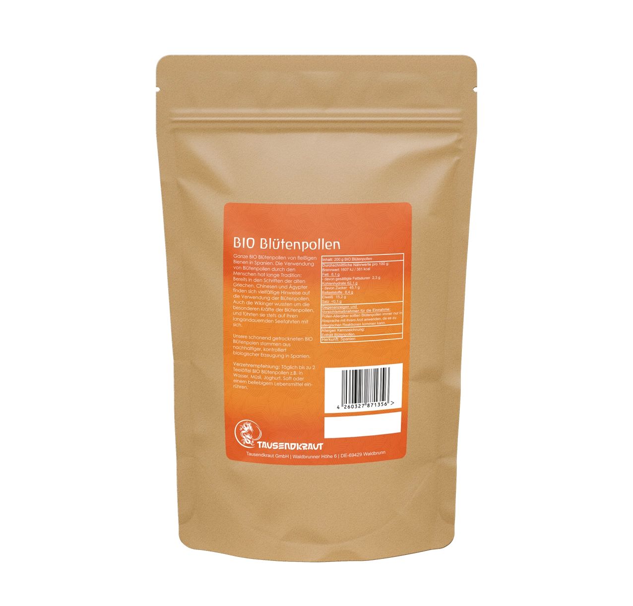 Rückseite des Beutels. Orangefarbenes Etikett mit Text. Barcode. Logo von Tausendkraut. Informationen zum Produkt.