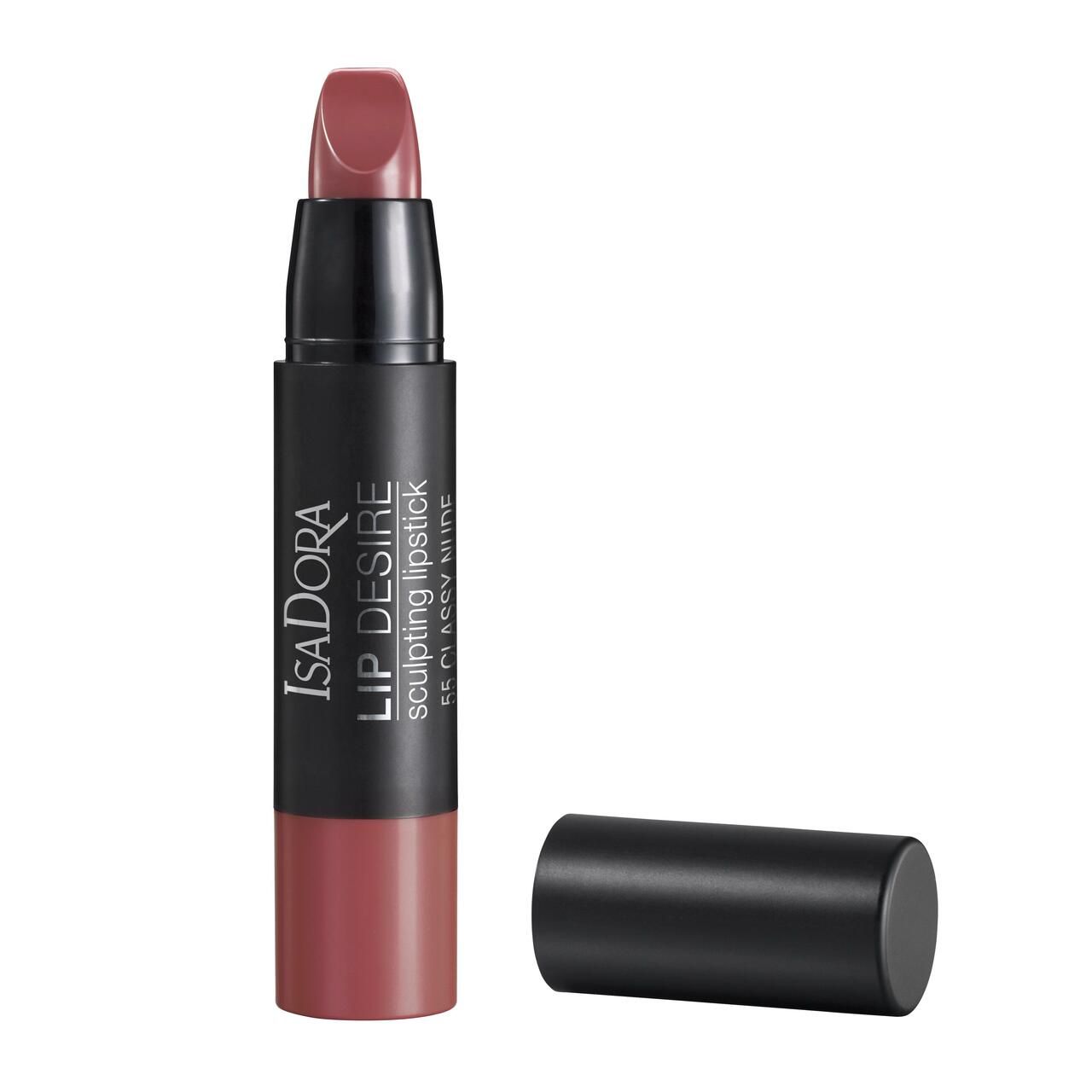 IsaDora Lip Desire Sculpting Lipstick. Rosa Lippenstift, schwarze Hülse, offene Kappe daneben. Text: 'Classy Nude'.
