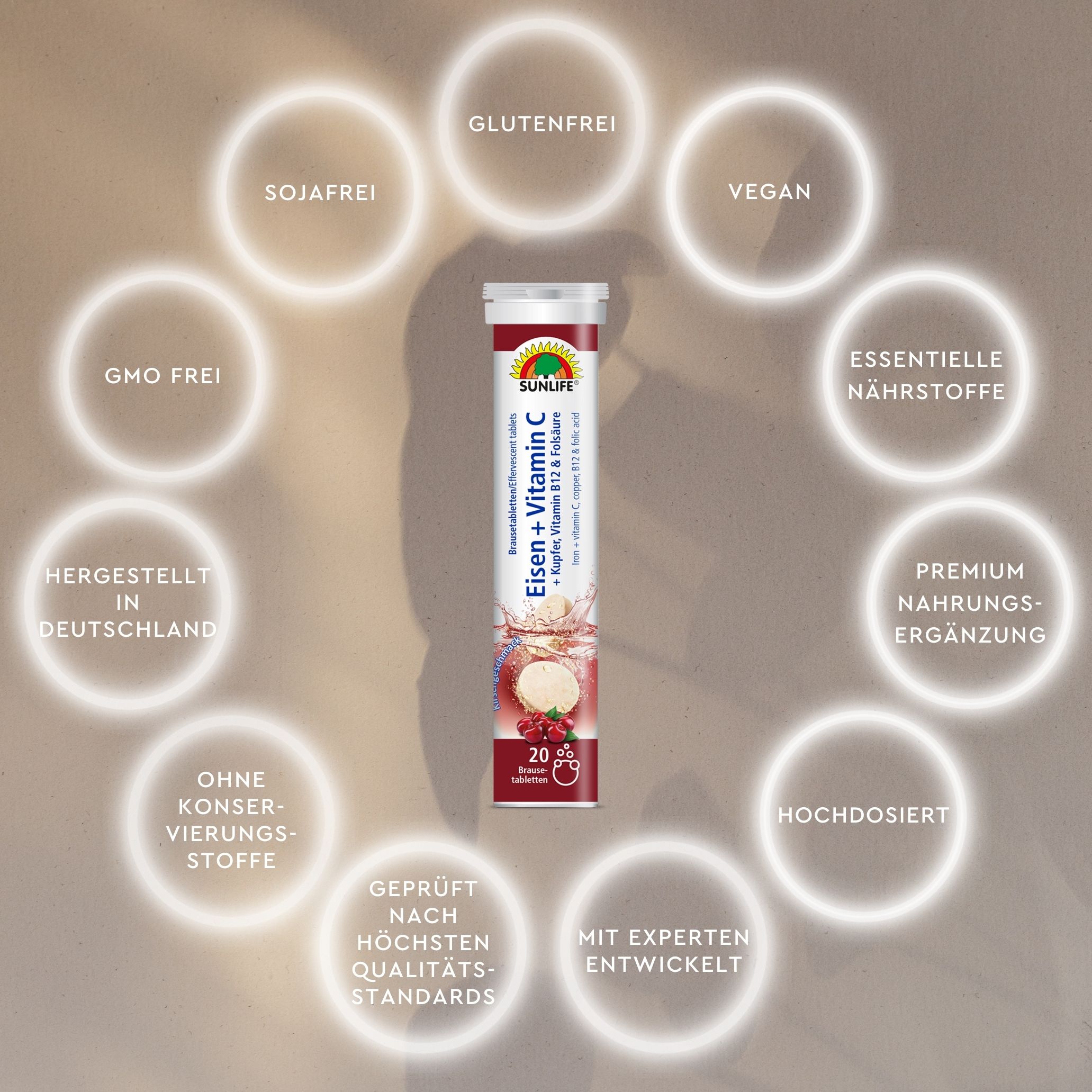 Brausetabletten-Tube mit SUNLIFE-Logo und Produktbezeichnung. Umgebende Kreise mit Informationen: glutenfrei, vegan, hergestellt in Deutschland.