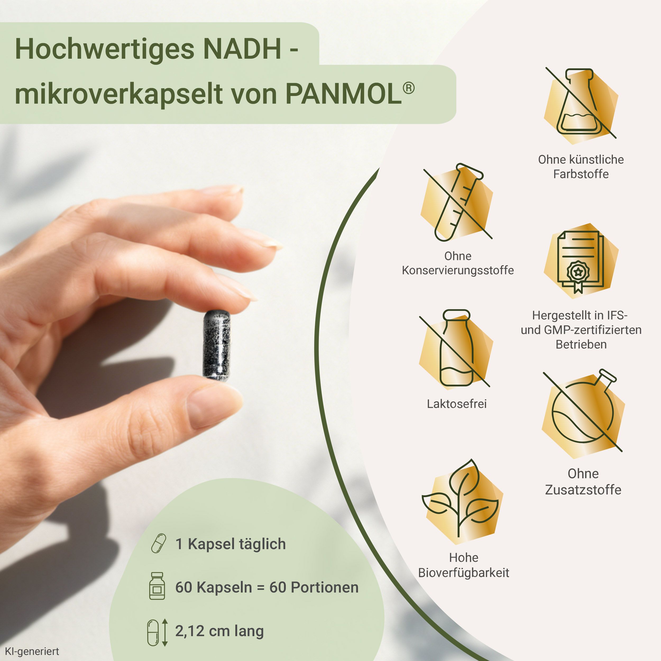 Eine Hand hält eine dunkle Kapsel mit sichtbarer Textur. Informationen zu Dosierung und Länge sind sichtbar.
