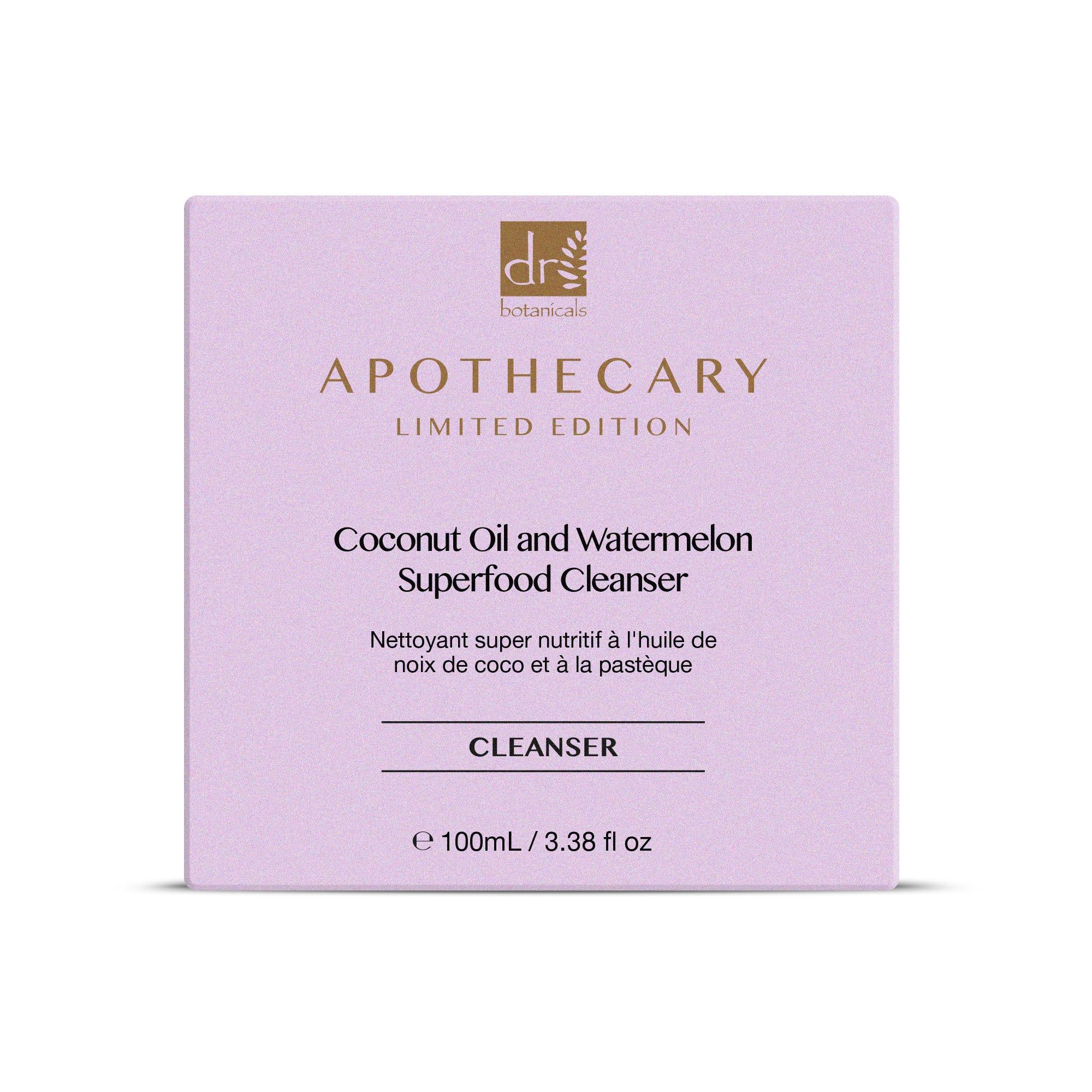 Quadratische Schachtel. Aufschrift: Coconut Oil and Watermelon Superfood Cleanser. Marke: Dr Botanicals.