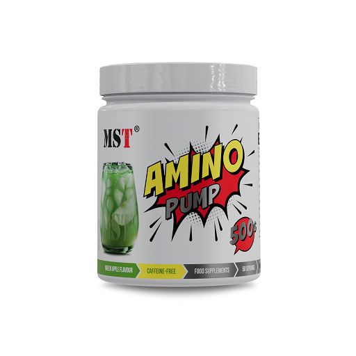 Weißer Behälter mit rotem "AMINO PUMP"-Logo. Grünes Getränk in Glas. "Caffeine-free" und "Food supplements".
