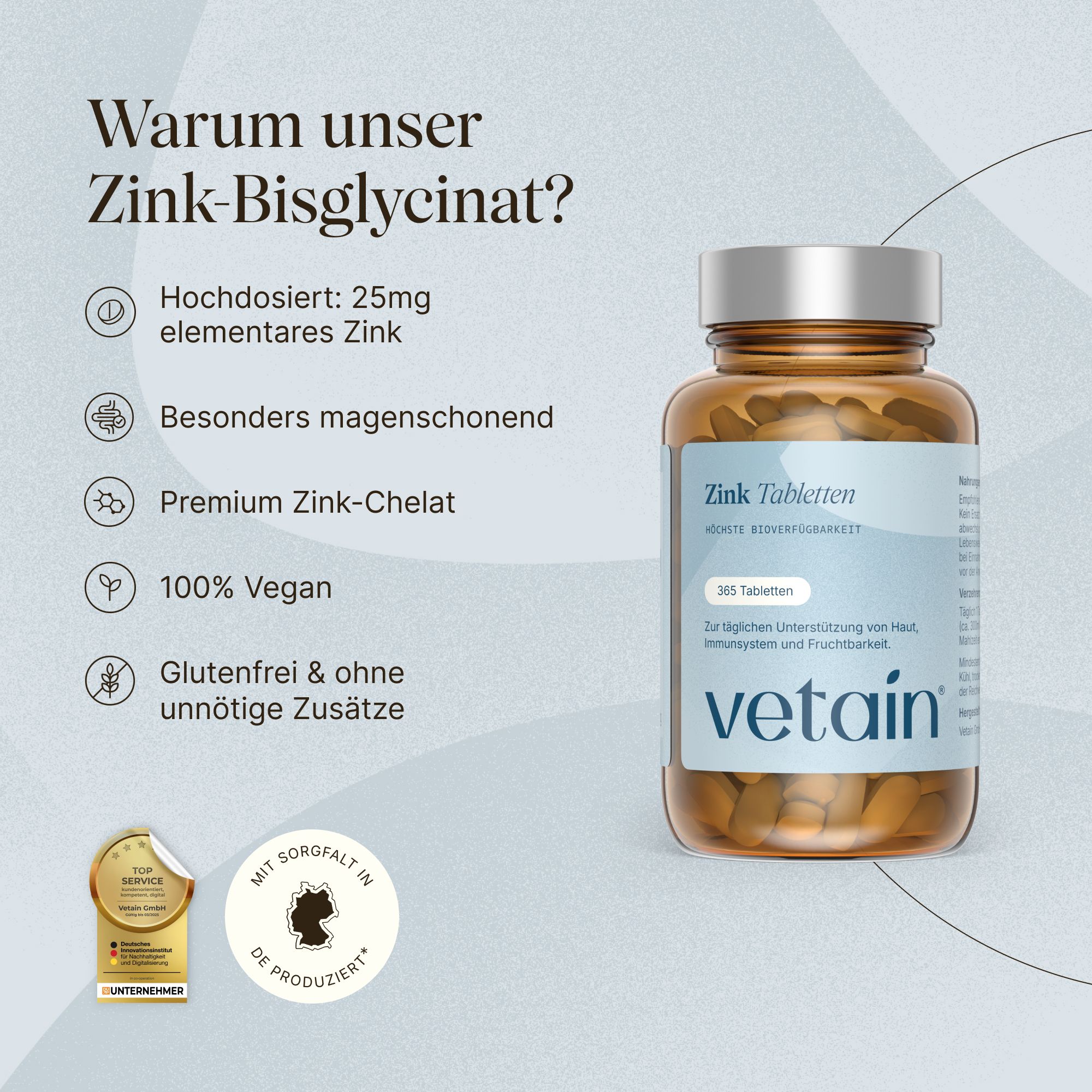 Vetaing Zink Bisglycinat 25mg Tablettenflasche neben Liste von Vorteilen: hochdosiert, vegan, magenschonend.