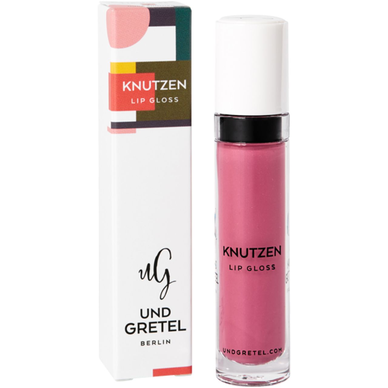 Pinkfarbener Lipgloss mit weißem Deckel und Verpackung. Schriftzug: KNUTZEN LIP GLOSS. Verpackung: UND GRETEL BERLIN. Unterseite: undgretel.com.