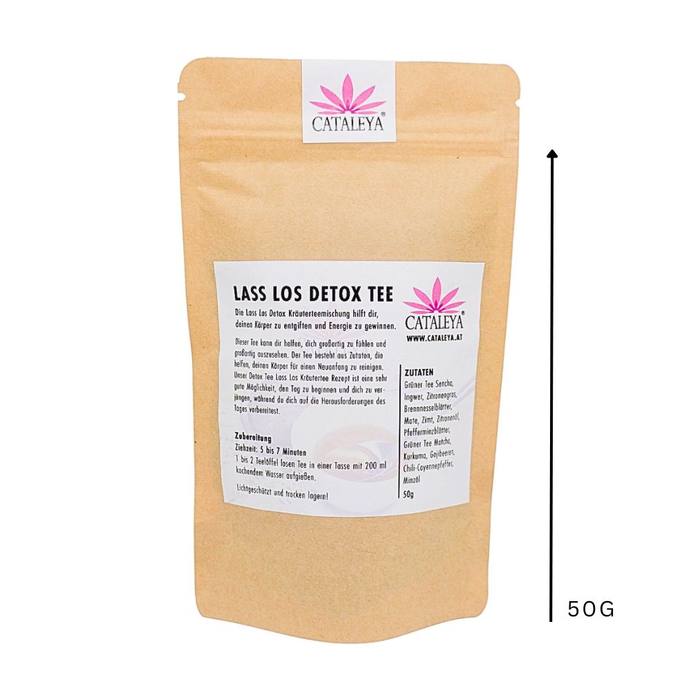 Beutel mit CATALEYA Lass Los Detox Tee. Braune Papierverpackung mit weißem Etikett und Logo. 50g. Abmessung.