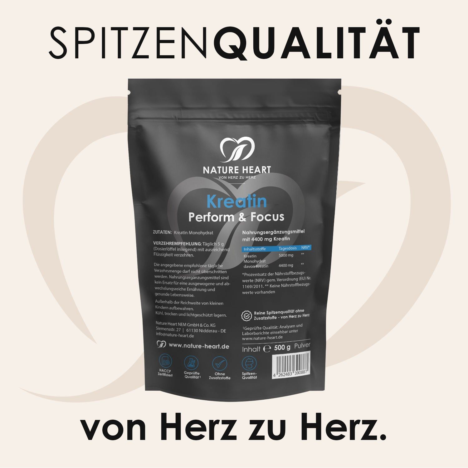 Schwarze Beutel mit weißem Logo und Text. Text: Kreatin Perform & Focus, 500 g Inhalt. Aufdruck: Spitzenqualität, von Herz zu Herz. Rückseite mit Inhaltsangaben.