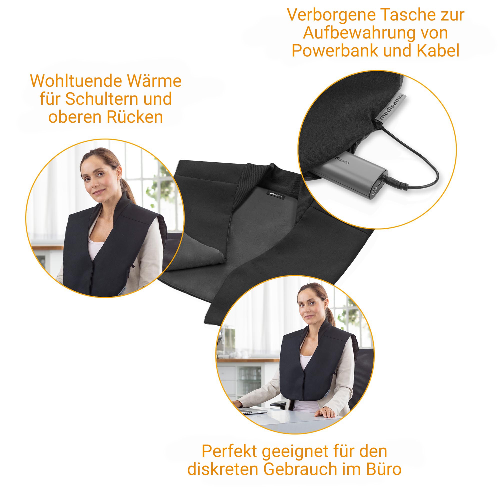 Detailansicht: Schwarzer Wärmecape mit integriertem Bedienfeld und Powerbank-Anschluss.