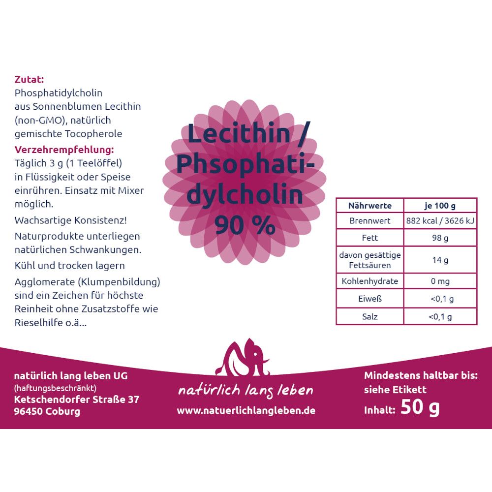Etikett mit Produktinformationen. Text: Lecithin / Phosphatidylcholin 90 %. Nährwerttabelle. Hersteller: natürlich lang leben.