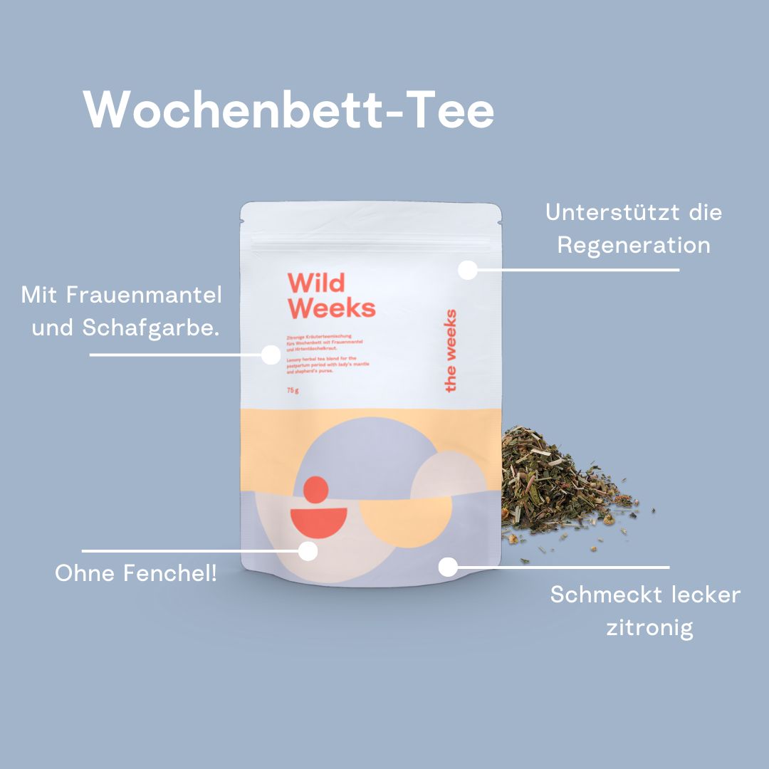 Produktverpackung mit Aufschrift Wild Weeks. Text: Ohne Fenchel! Mit Frauenmantel und Schafgarbe. Unterstützt die Regeneration. Schmeckt lecker zitronig.