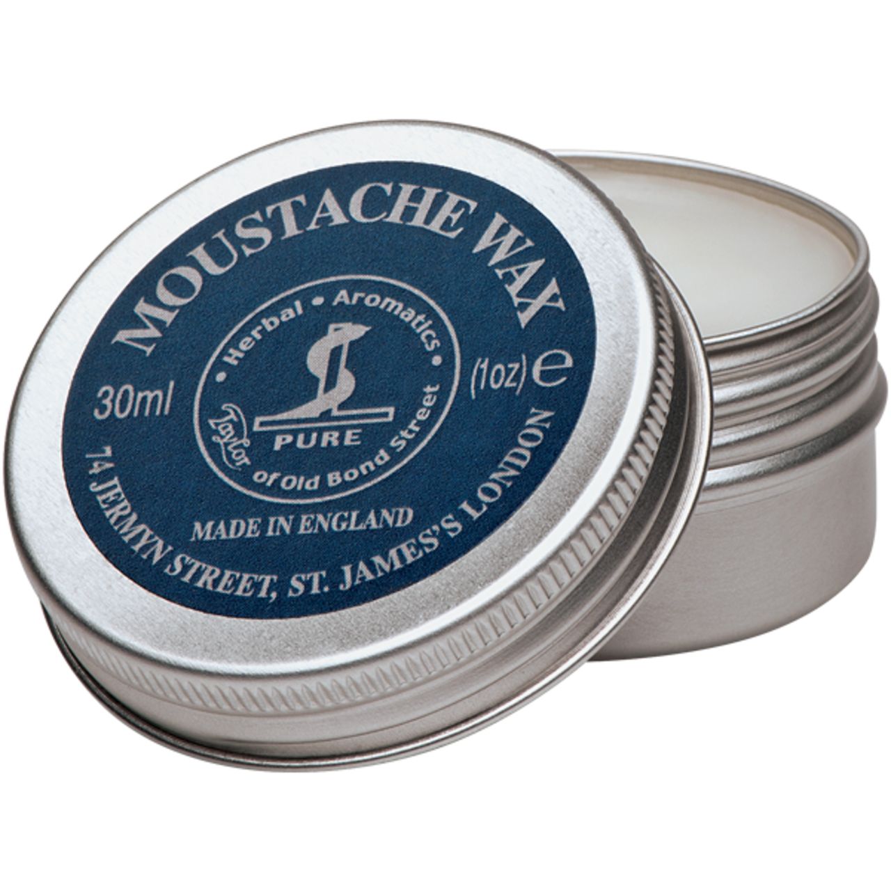 Runde Dose mit Schnurrbartwachs. Deckel mit blauem Etikett und Text. Dose geöffnet, Wachs sichtbar.