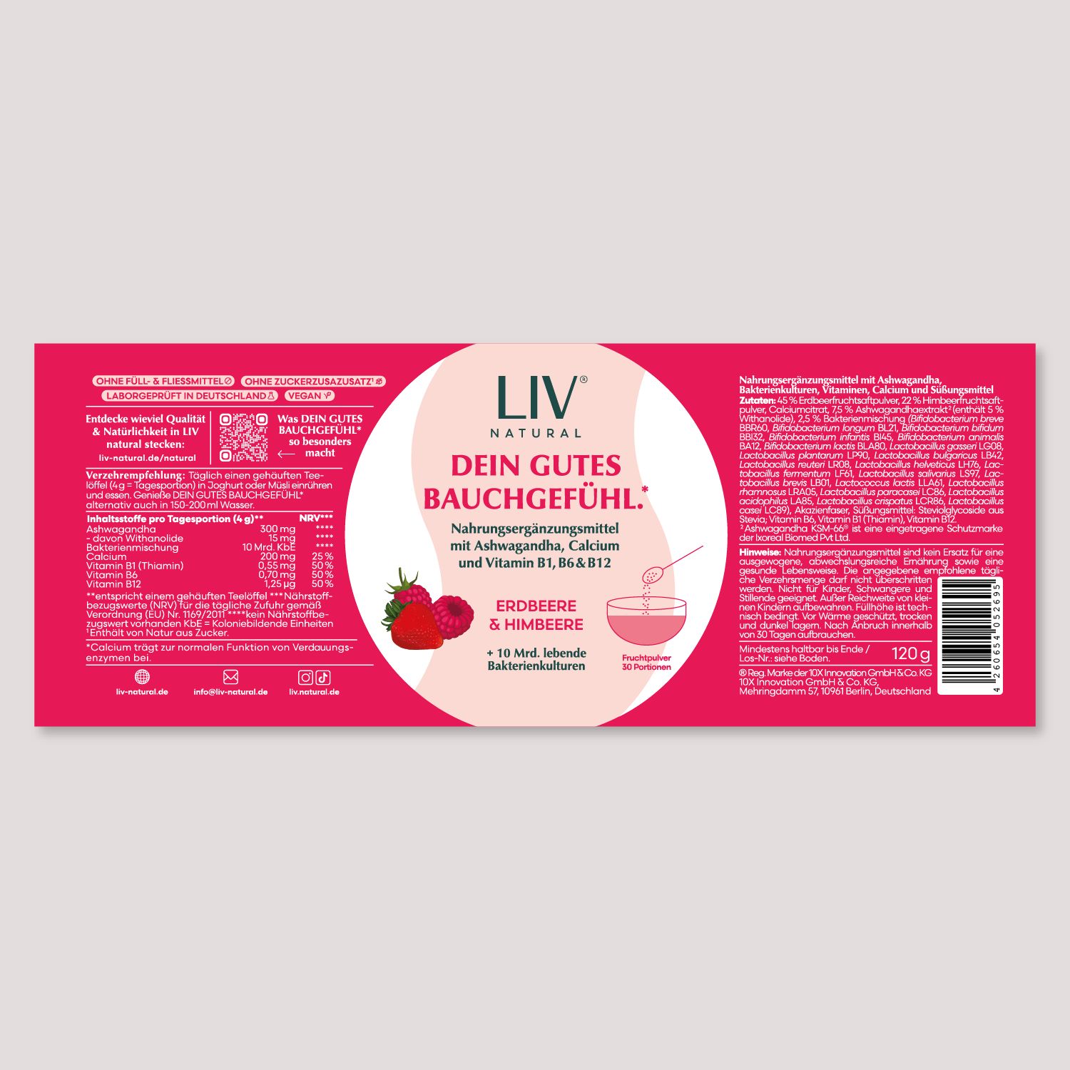 Produktverpackung mit Text und Illustrationen. Text: LIV NATURAL, Dein gutes Bauchgefühl, Erdbeere & Himbeere. Nährwertangaben und Inhaltsstoffe.