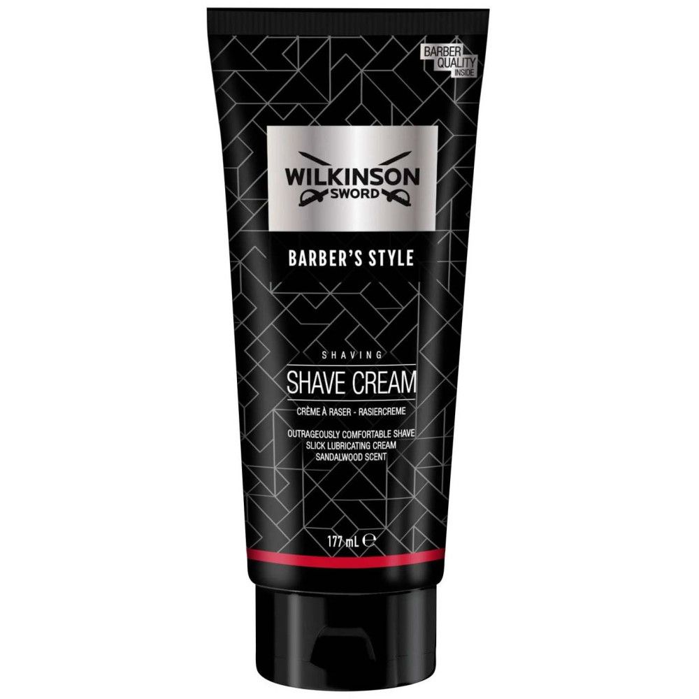 Schwarze Tube Rasiercreme. Aufschrift: Wilkinson Sword, Barber's Style, Shave Cream. Mit Barber Quality Siegel.