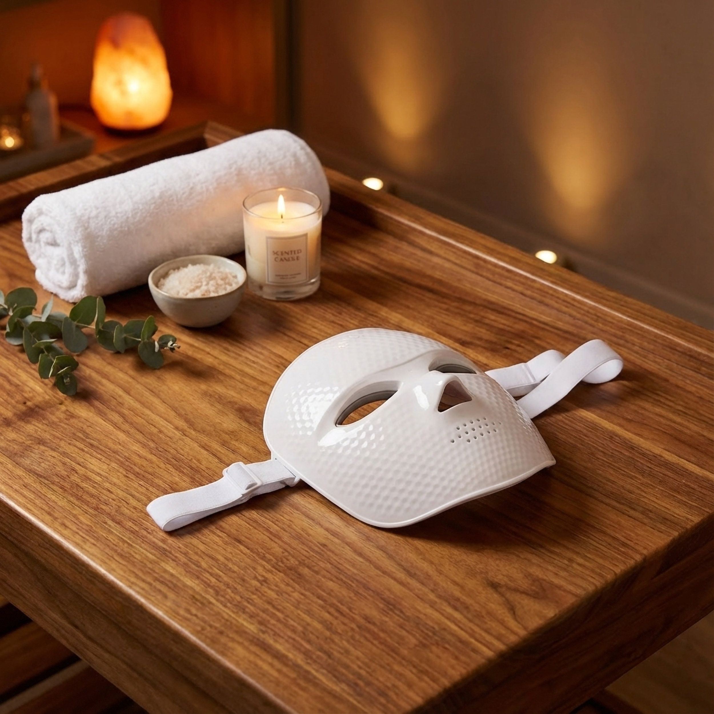 Weiße LED-Gesichtsmaske mit weißen Riemen auf einem Holztisch.