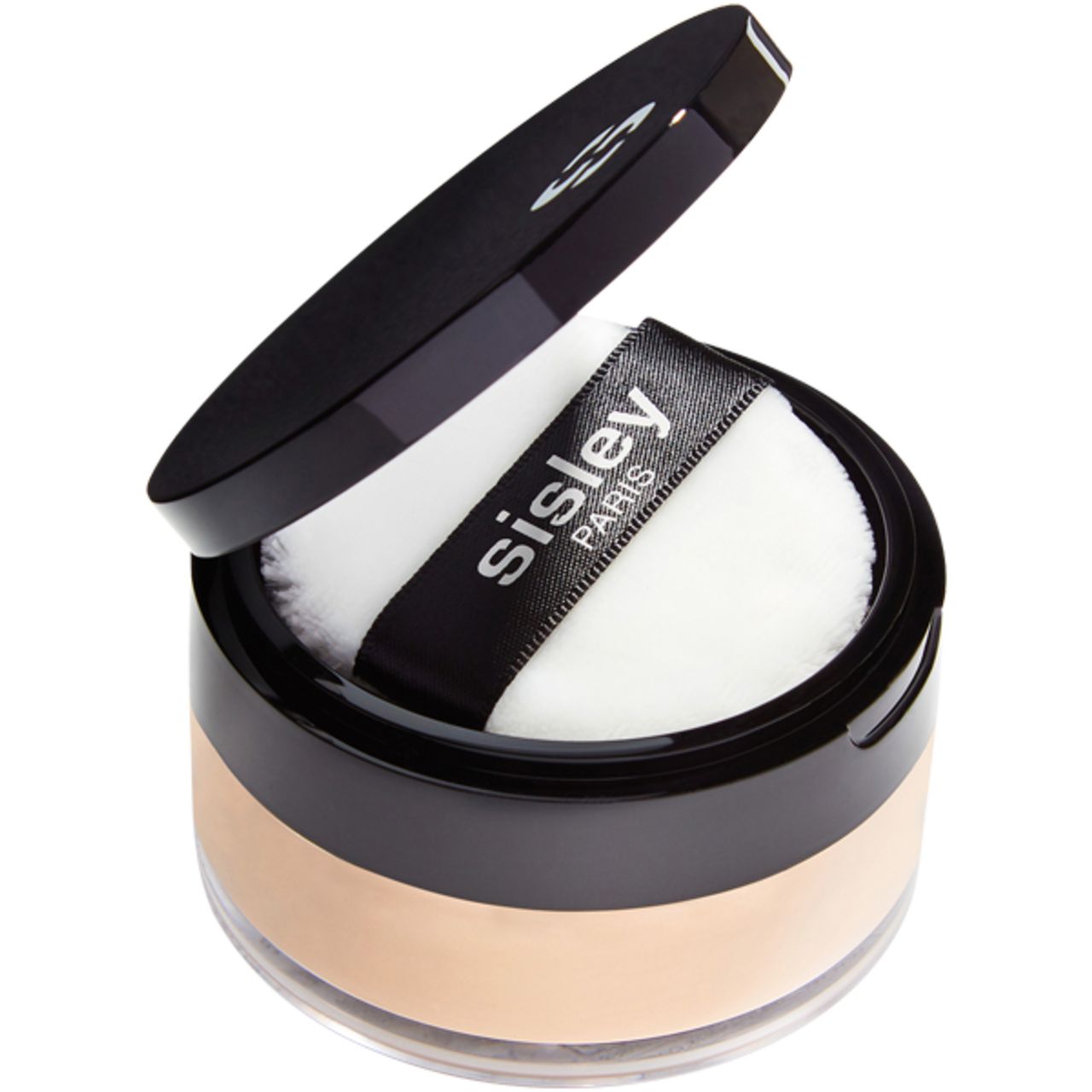 Puderbehälter mit geöffnetem Deckel. Puderquaste mit Sisley-Logo. Schwarzer Deckel, beige Puder.