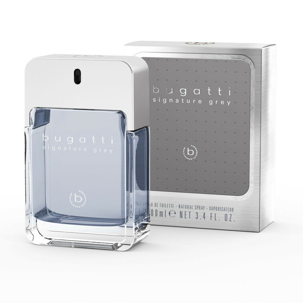 Bugatti Signature Grey Eau de Toilette für Männer. Rechteckiger Glasflakon mit weißem Deckel und grauer Flüssigkeit. Graue Verpackung.