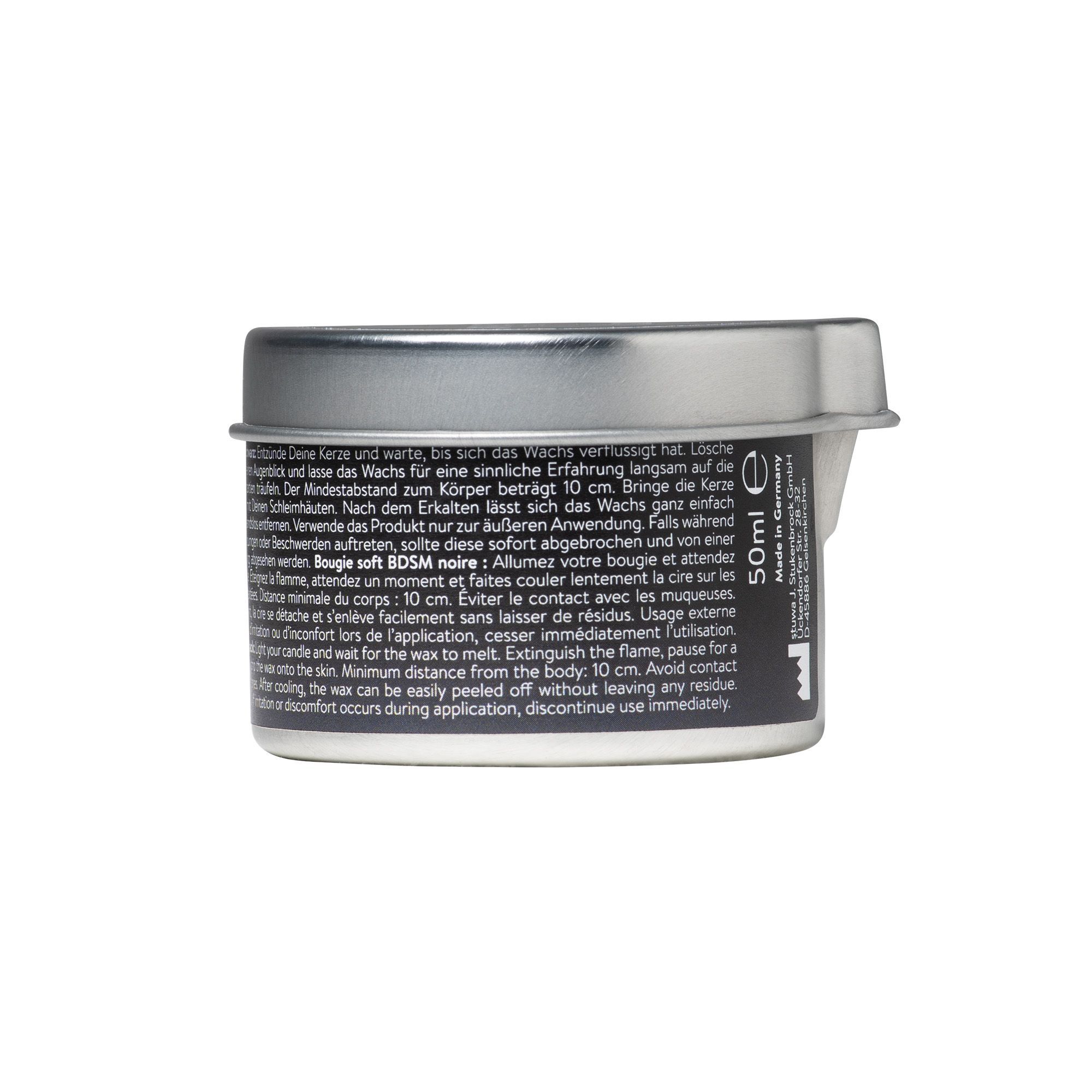 Dose mit schwarzem Etikett und Text. Text in Deutsch und Französisch. Dose mit Aufschrift '50ml'.