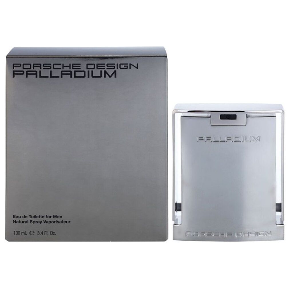 Silberfarbener Flakon und Verpackung. Aufschrift: PORSCHE DESIGN PALLADIUM. Eau de Toilette für Herren. 100 ml.