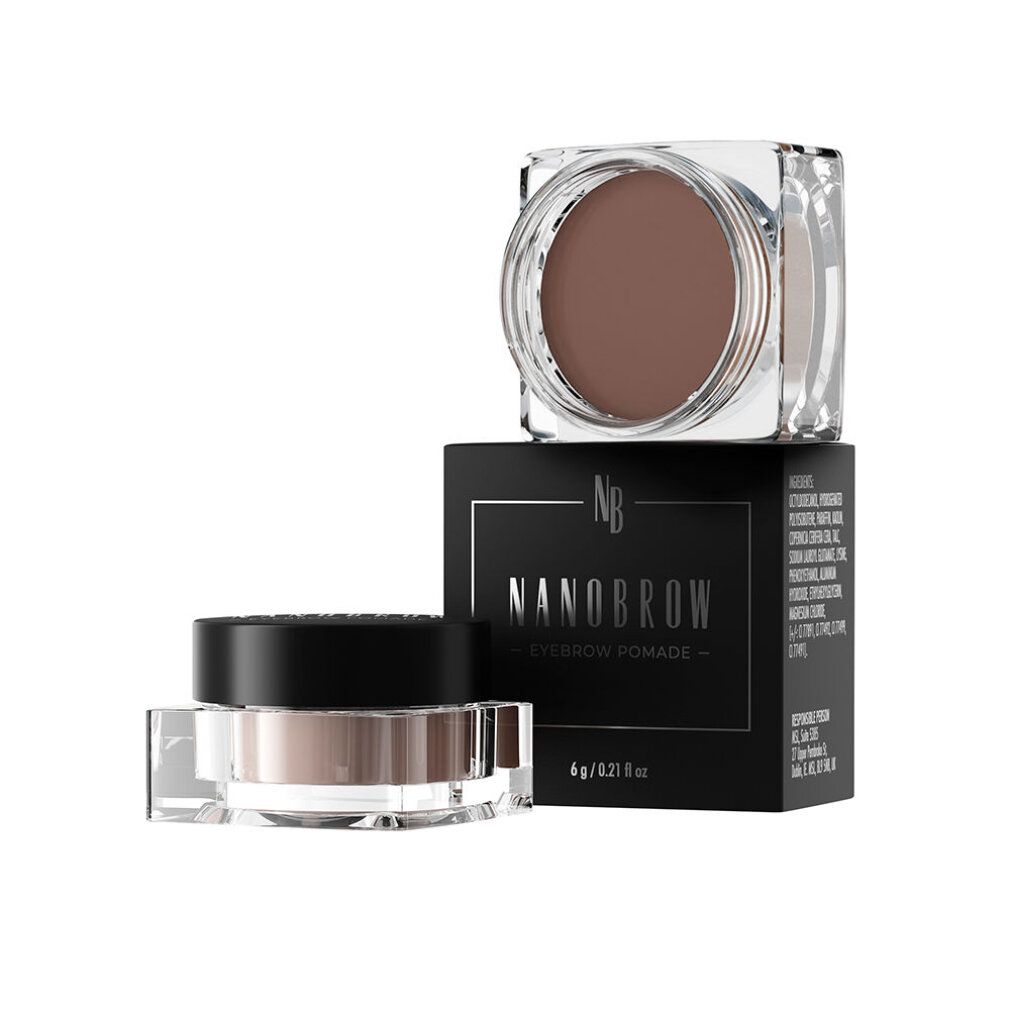 Dunkelbraune Augenbrauenpomade in zwei transparenten Tiegeln und einer schwarzen Schachtel. Aufschrift: Nanobrow Eyebrow Pomade.