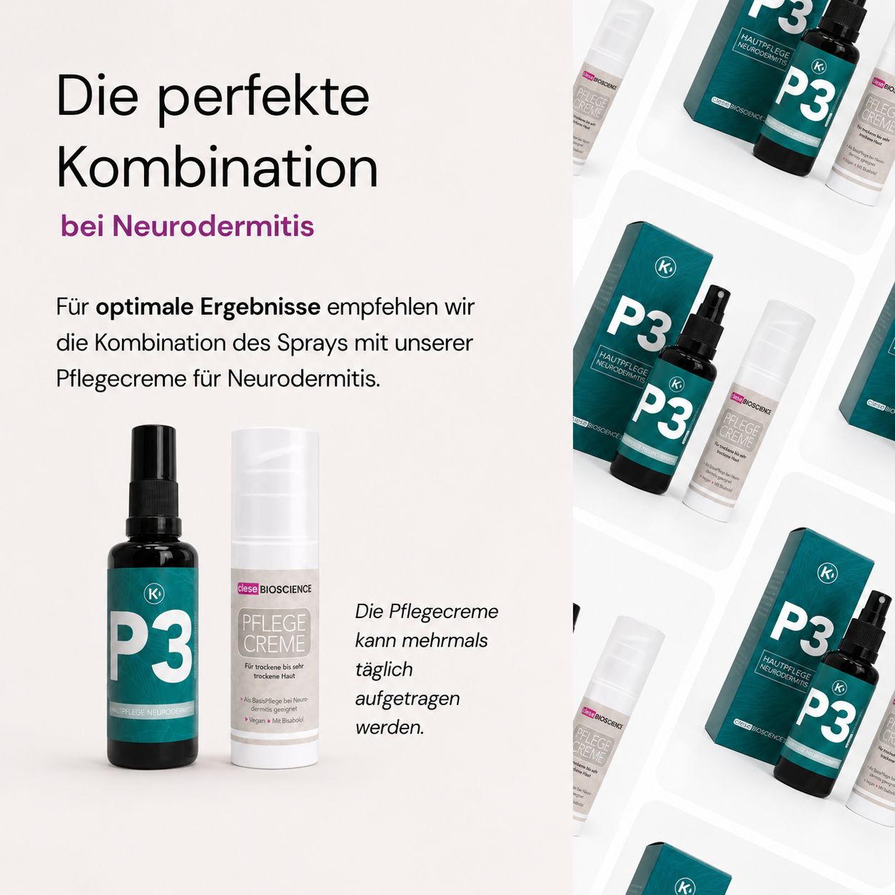 Kombination aus Clese P3 Spray und Pflegecreme bei Neurodermitis.