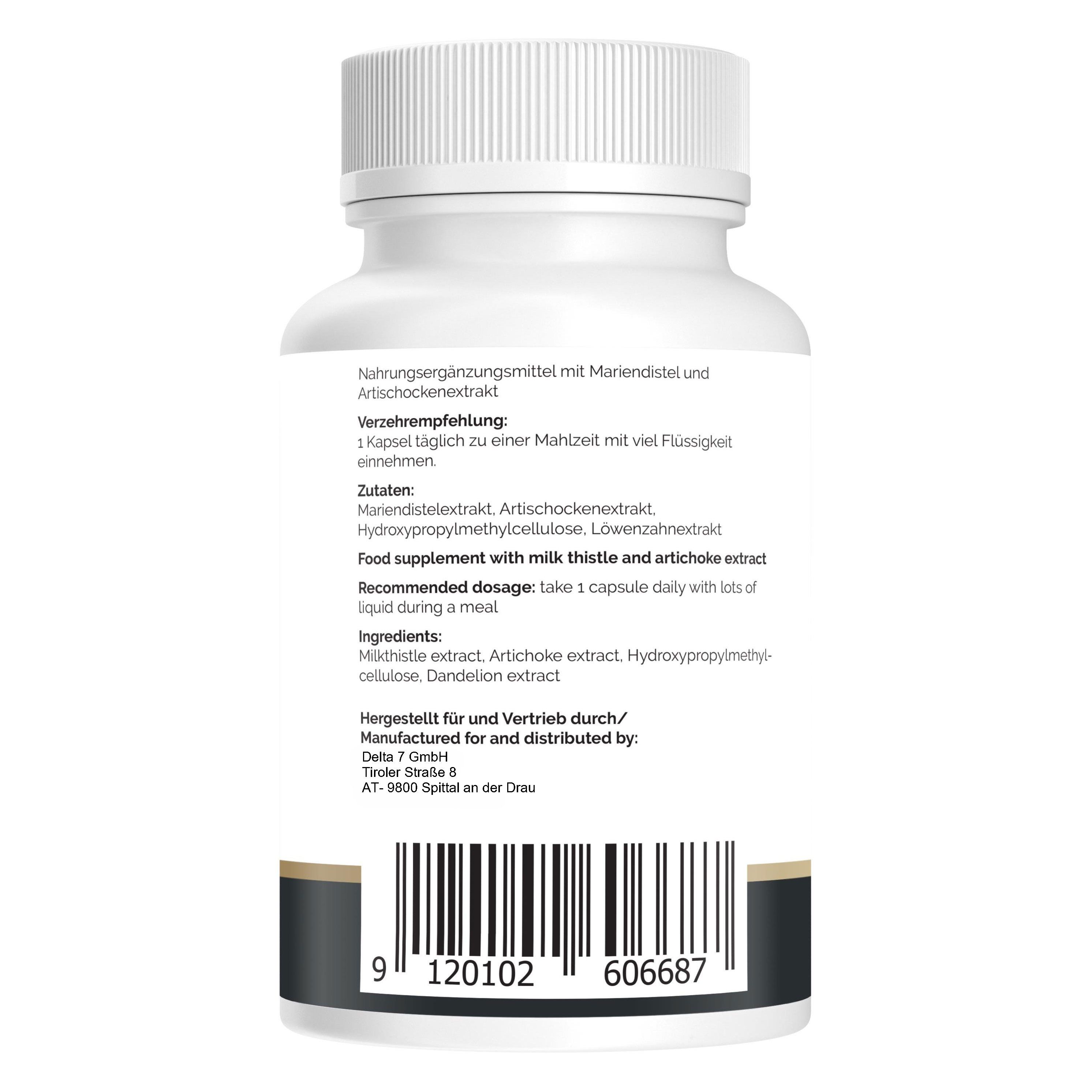 Rückseite der Flasche. Zutaten: Mariendistel-, Artischocken-, Löwenzahnextrakt. Verzehrempfehlung: 1 Kapsel täglich. Barcode und Herstelleradresse.