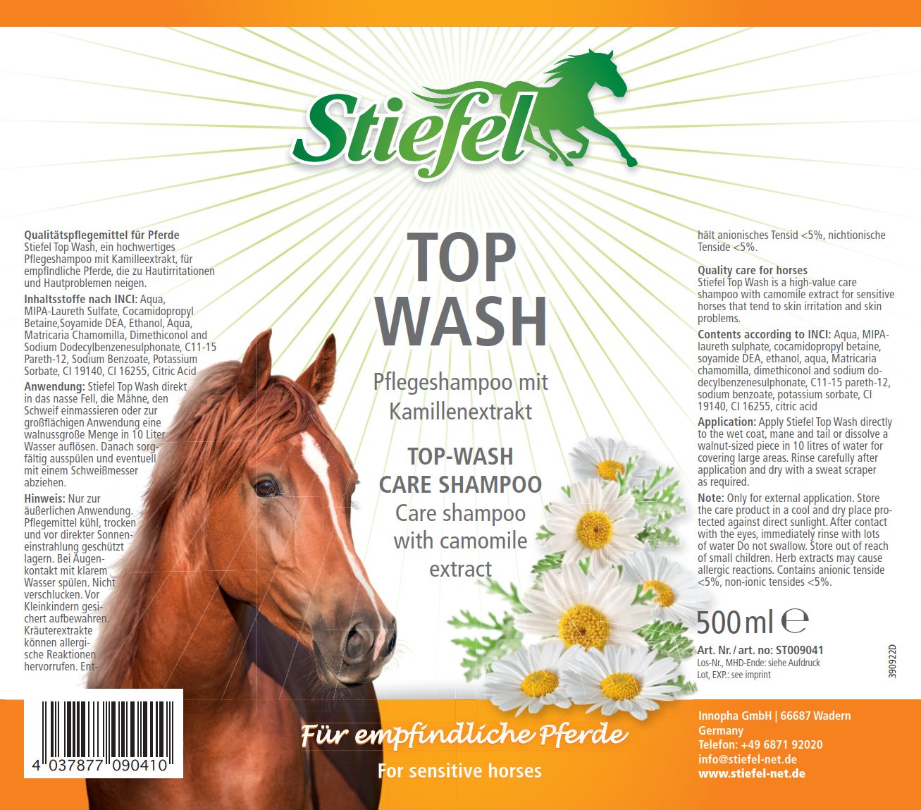 Etikett von Stiefel Top Wash Pflege-Shampoo. Enthält Kamillenextrakt. Mit Pferdeabbildung und Produktinformationen.