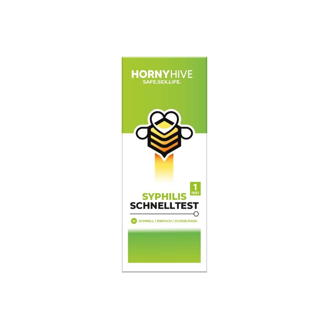 Verpackung "Syphilis Schnelltest". Logo: Biene mit Herz. Grün-weißes Design. "HORNYHIVE SAFE.SEX.LIFE" Text. 1 Test.
