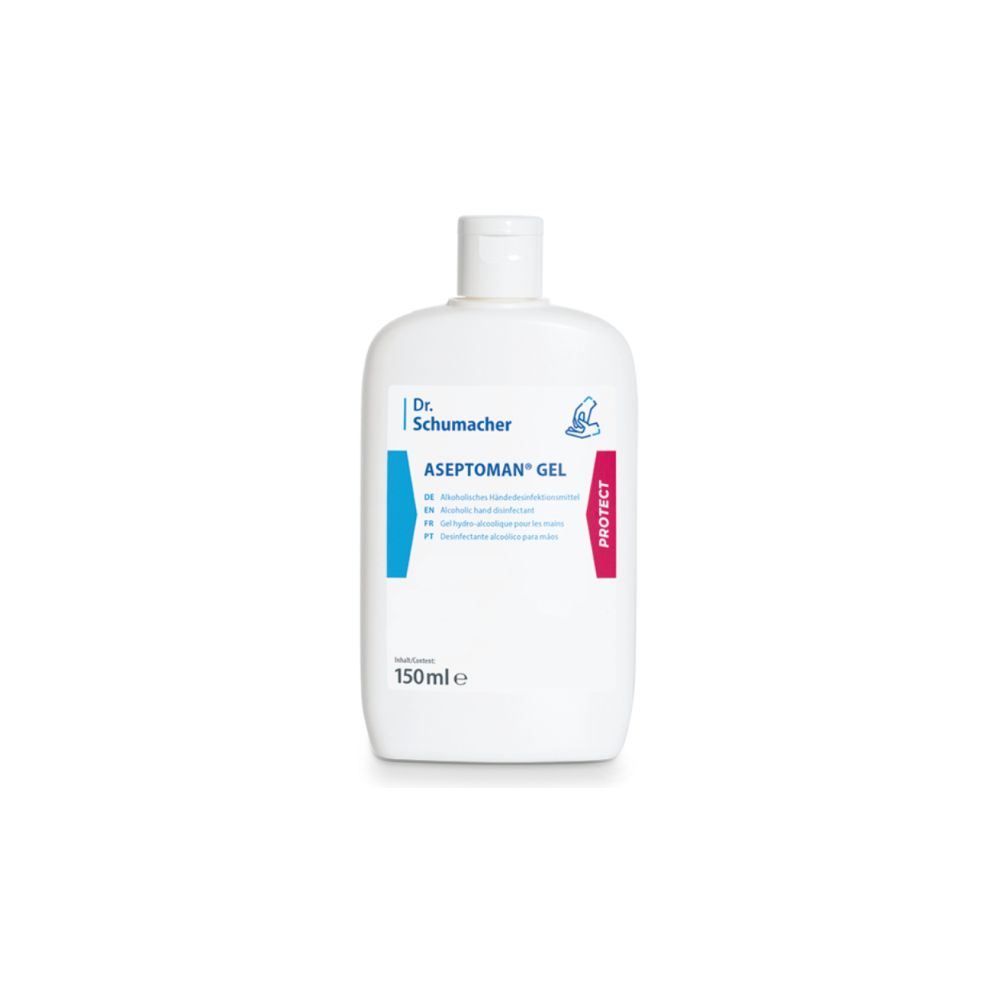 Weiße Flasche mit Schraubverschluss. Aufschrift: ASEPTOMAN GEL, 150ml. Blaue und rote Akzente. Marke Dr. Schumacher.