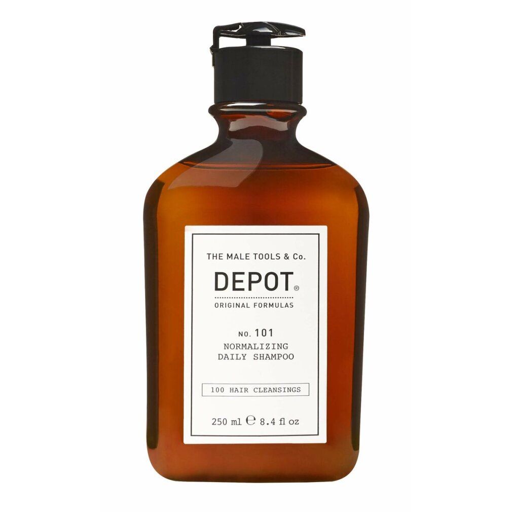 Braune Flasche mit schwarzem Pumpkopf. Weißes Etikett mit Text: DEPOT, No. 101 Normalizing Daily Shampoo.