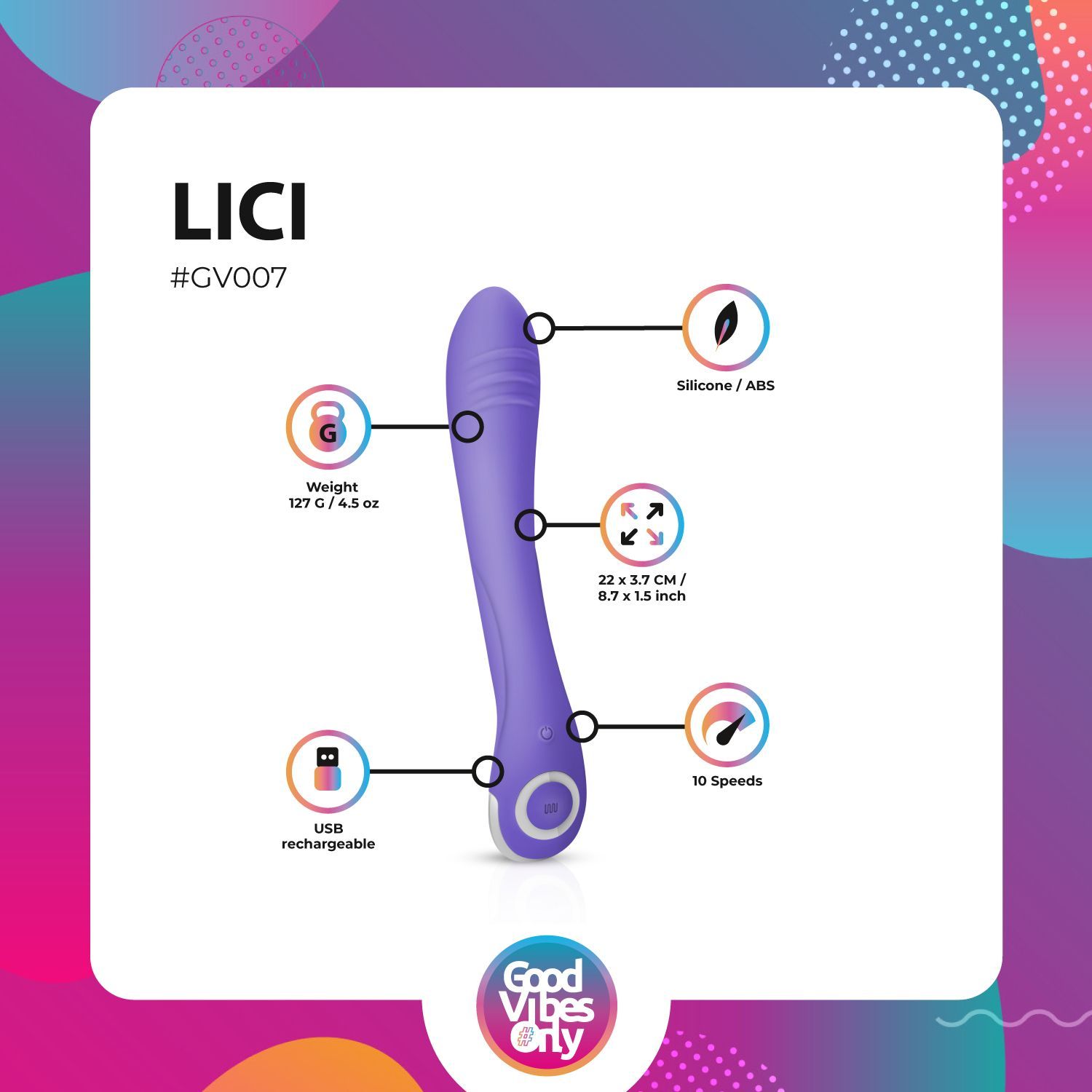 Lila Vibrator mit technischen Daten. Text: "LICI", "#GV007", Gewicht, Abmessungen, Material, Geschwindigkeit, USB-Aufladung.