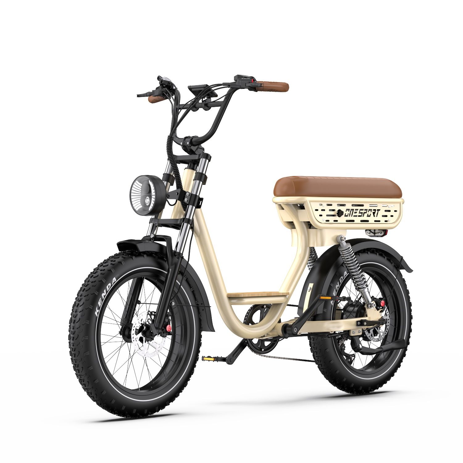 Elektrofahrrad, beige mit braunem Sattel. Schwarze Reifen, Kotflügel und Lenker. Frontscheinwerfer. Marke: ONESPORT.