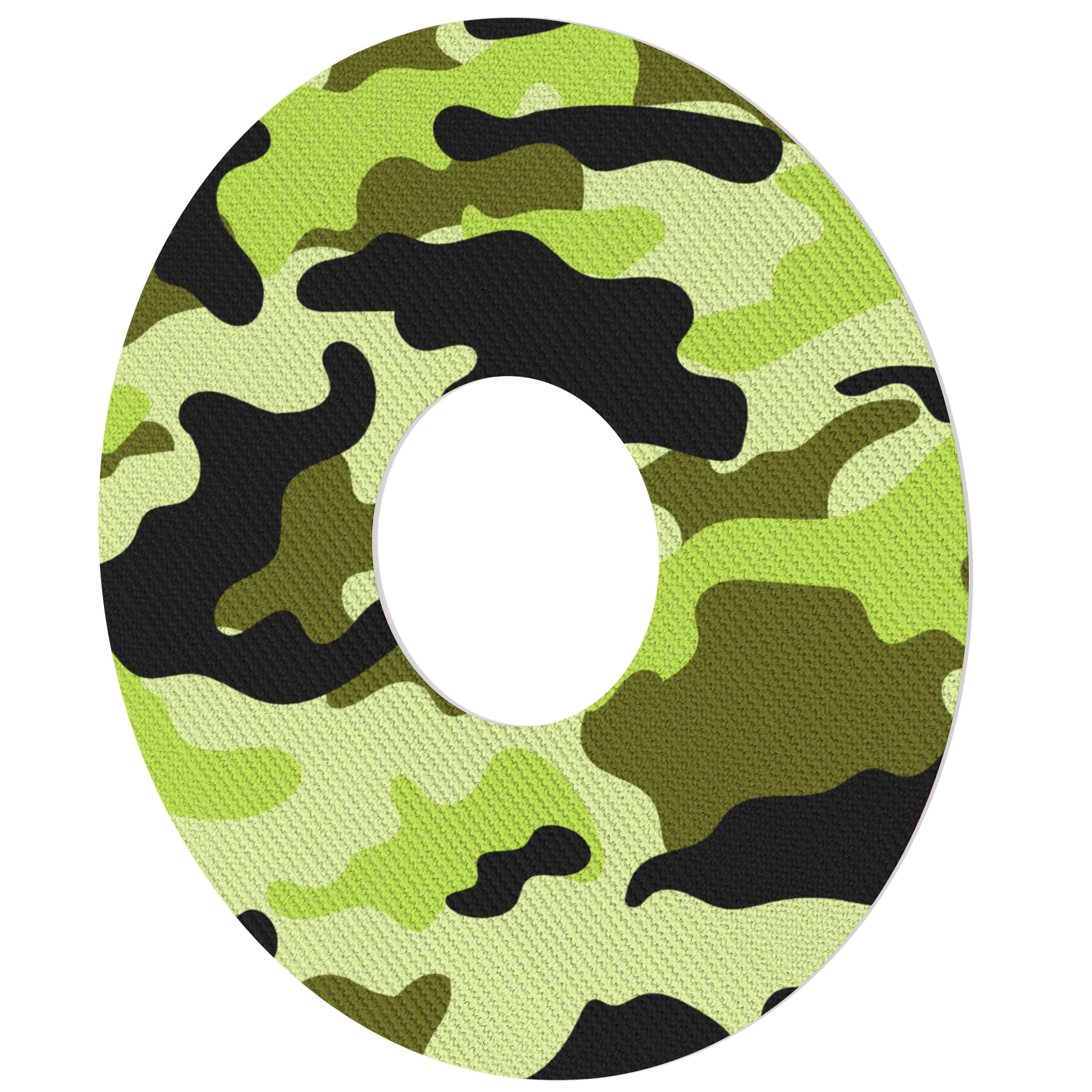 Runder Ringpflaster mit Camouflage-Muster in Grün- und Schwarztönen.