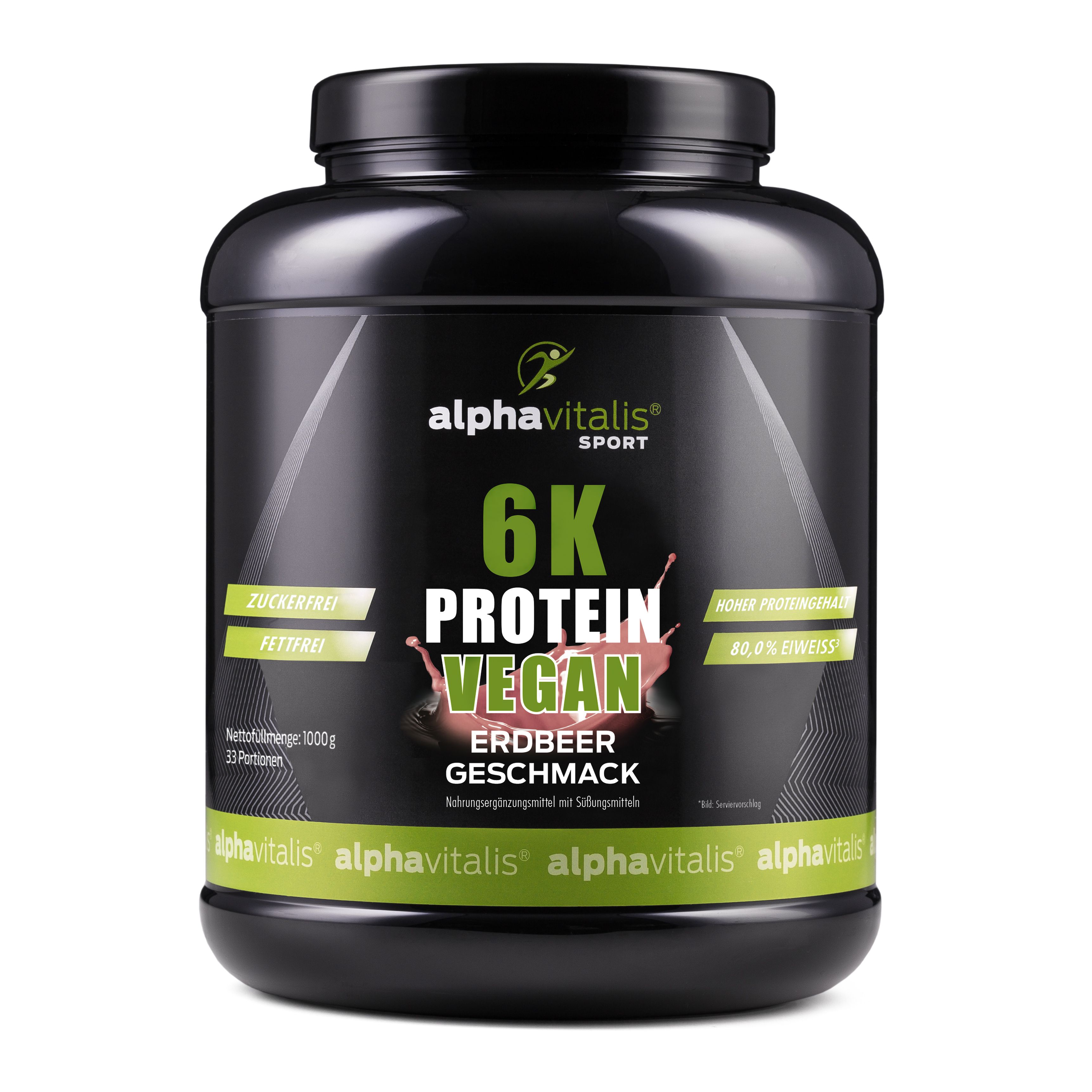 Schwarze Dose mit 6K Protein Vegan Erdbeer Geschmack. Text: Zuckerfrei, fettfrei, 80,0% Eiweiß. Alphavitalis Logo.