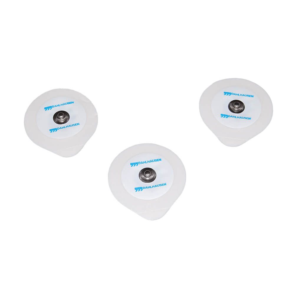 Drei runde EKG-Elektroden mit weißem Gel und Metallknopf. Marke Dahlhausen.