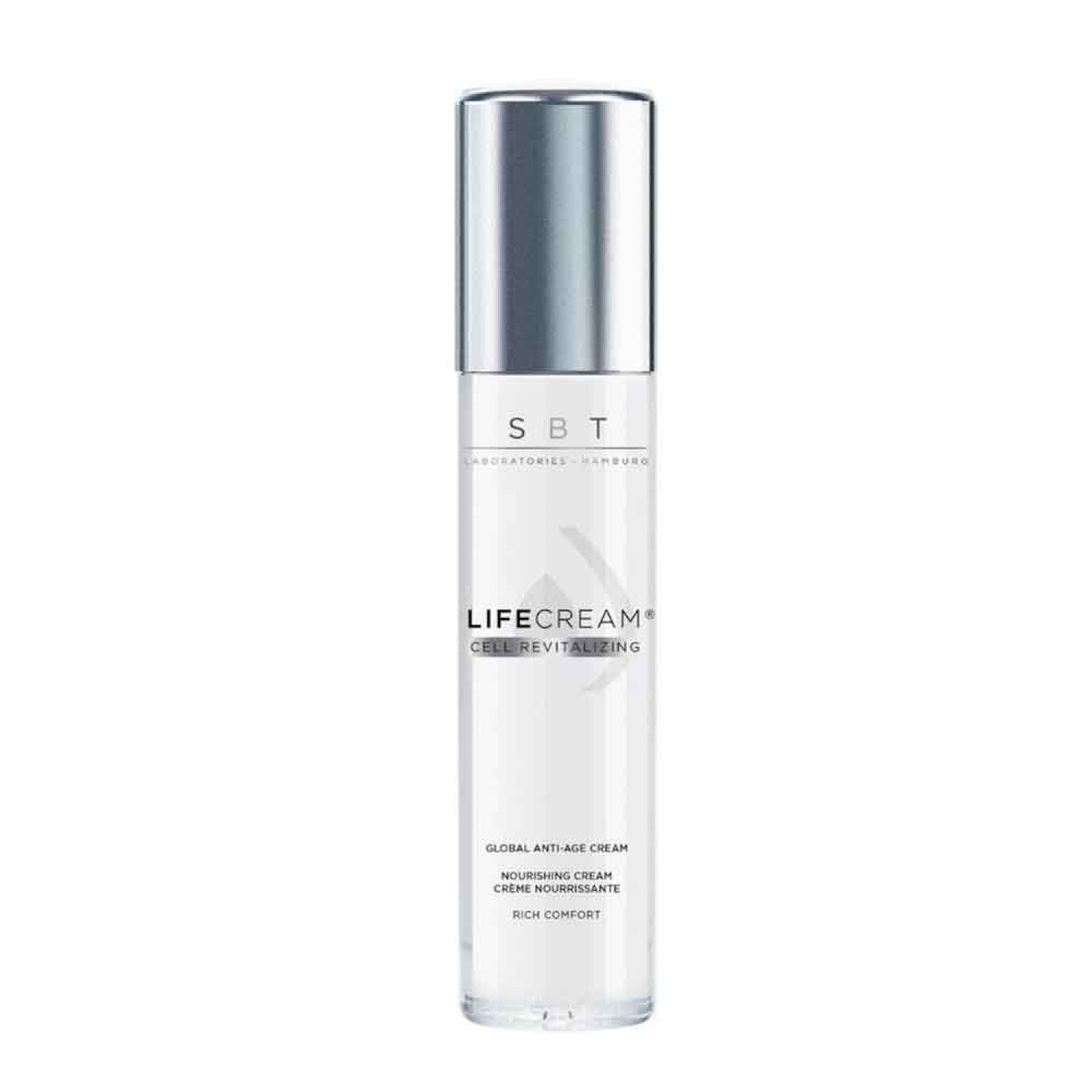 Zylindrische Flasche mit silbernem Deckel. Aufschrift: SBT, Lifecream Cell Revitalizing, Global Anti-Age Cream, Nourishing Cream.