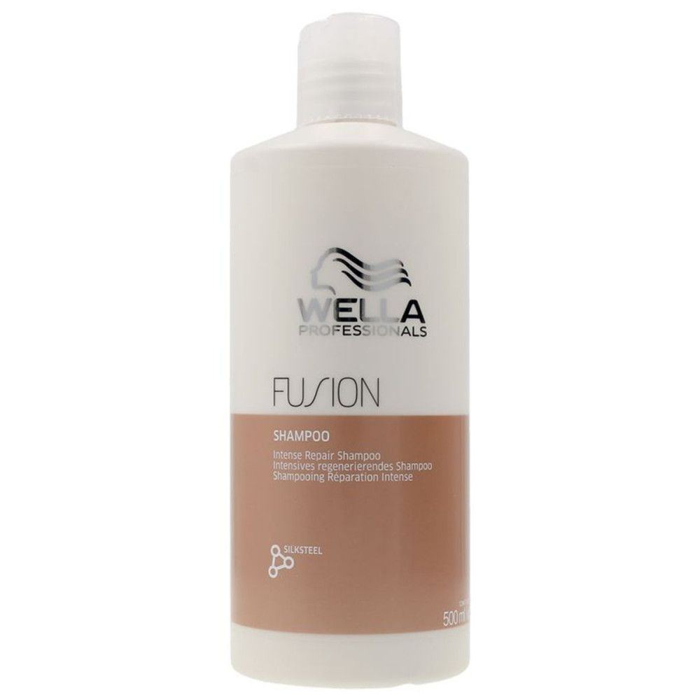 Weiße Shampoo-Flasche mit braunem Mittelteil. Aufschrift: WELLA PROFESSIONALS, FUSION, Shampoo, Intense Repair Shampoo. 500 ml.