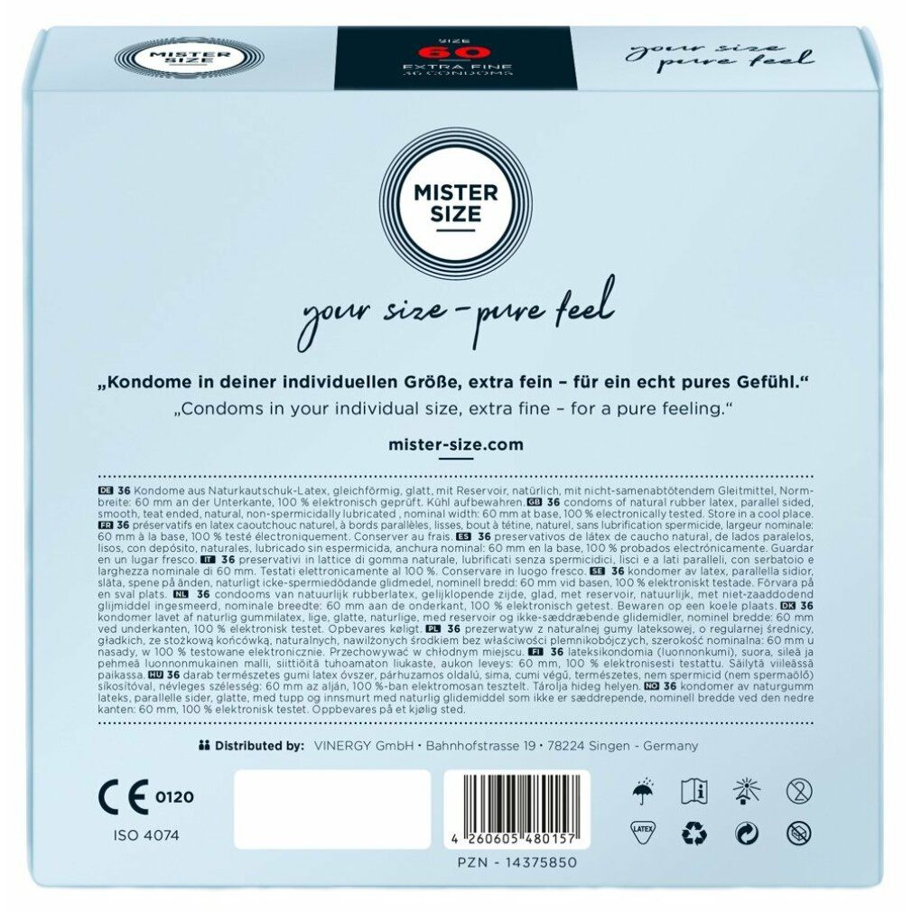 Rückseite der Verpackung von MISTER SIZE 60. Text in mehreren Sprachen, Logo und Zertifizierungen.