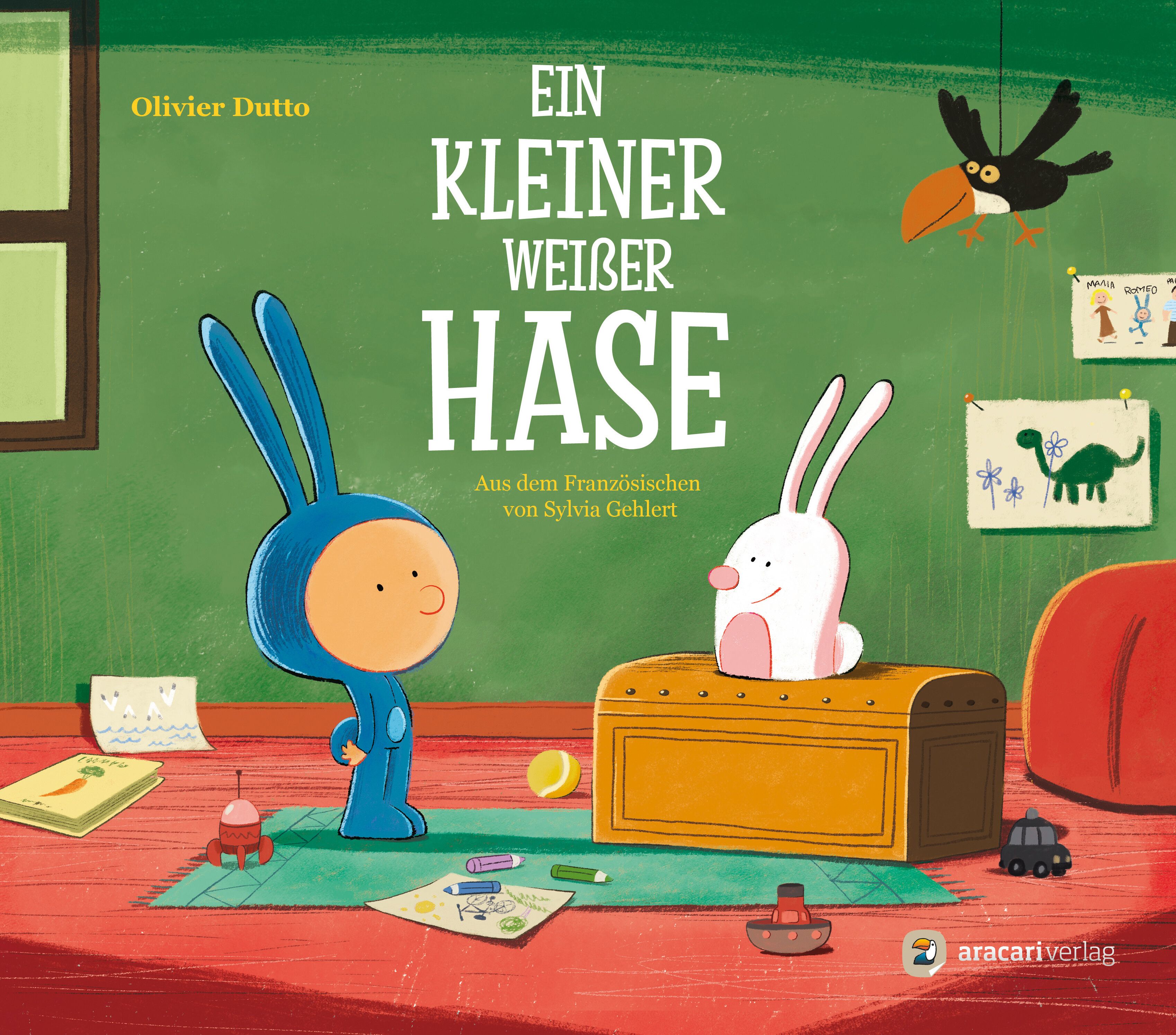 Buchcover mit Titel "Ein kleiner weißer Hase". Illustrationen von zwei Hasen, einer in blauem Anzug, der andere weiß. Hintergrund: grünes Zimmer.