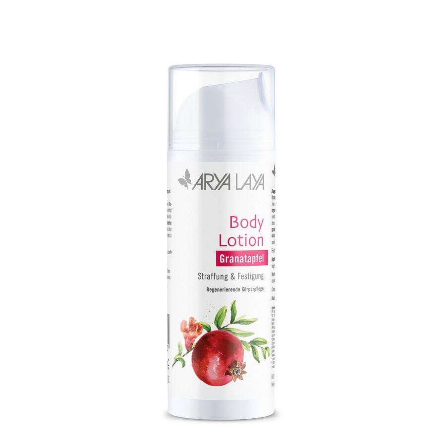Arya Laya Bodylotion Granatapfel: Straffung & Festigung. Mit Granatapfel-Illustration.
