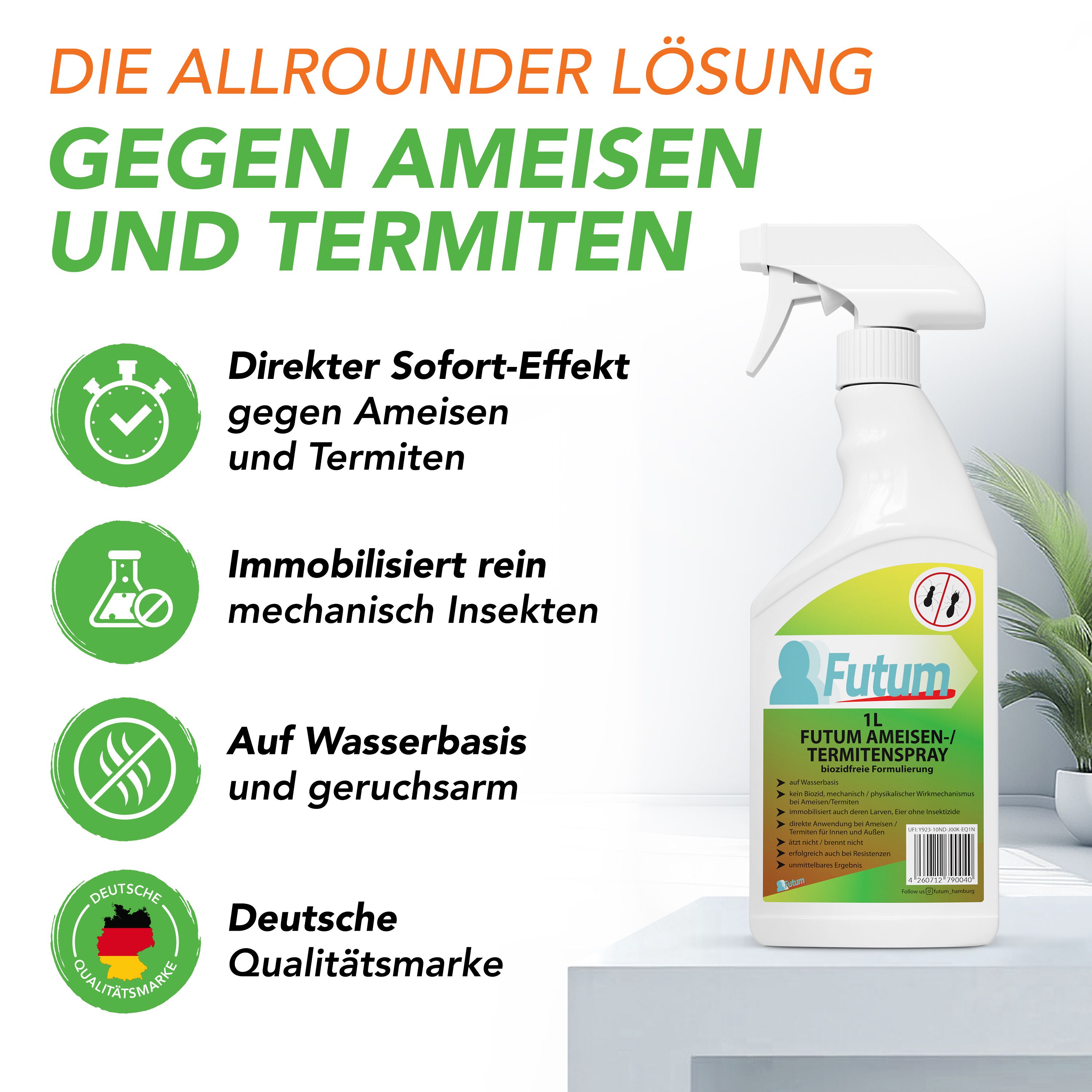 Produktflasche neben Infografiken. Text: "DIE ALLROUNDER LÖSUNG GEGEN AMEISEN UND TERMITEN". Deutsche Qualitätsmarke.