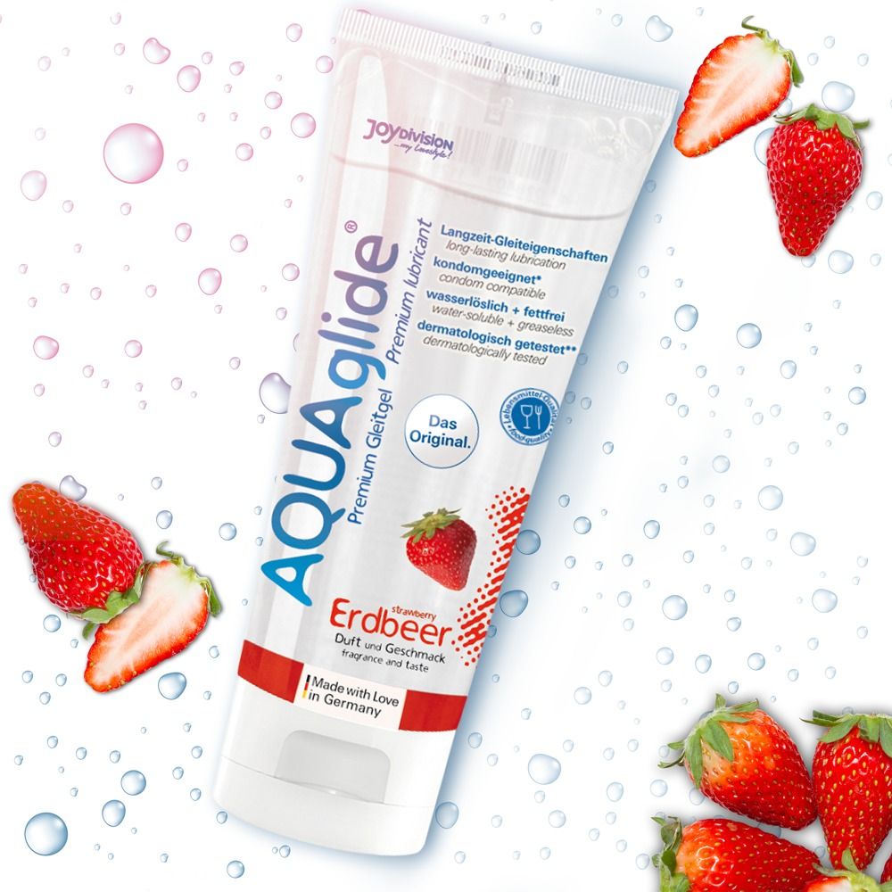 AQUAglide Premium Tube mit Erdbeer-Logo, Text, Erdbeeren und Wassertropfen im Hintergrund.