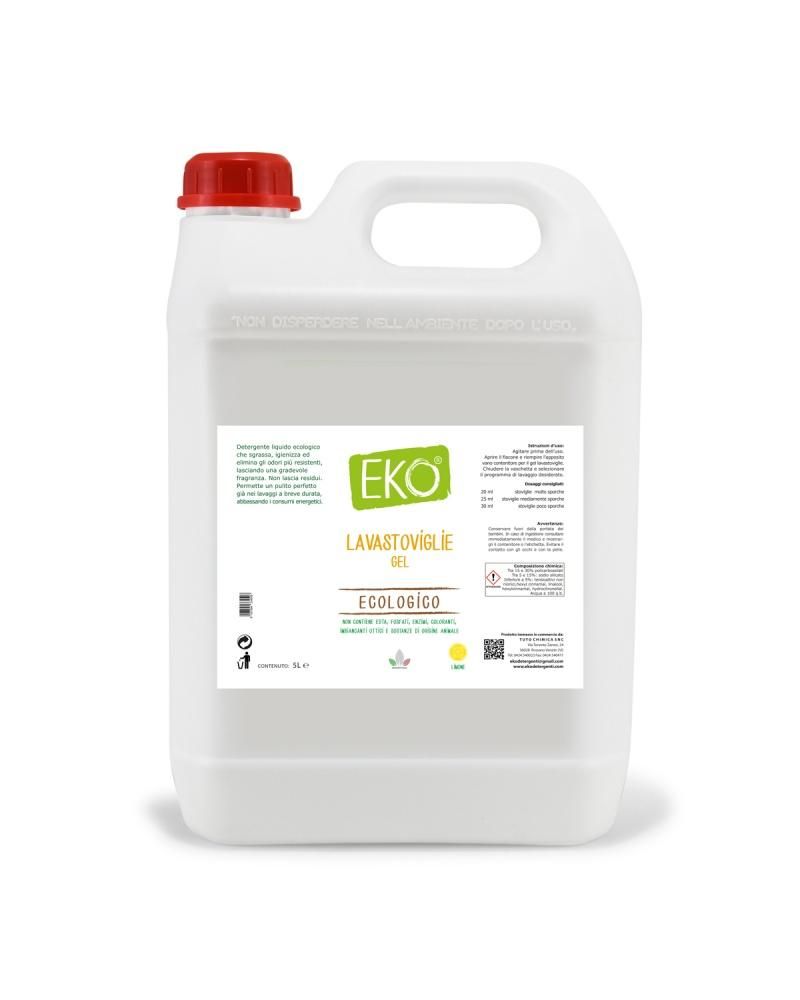 Eko Lavastoviglie Gel, un detersivo ecologico per lavastoviglie, contenuto in un contenitore bianco con tappo rosso. Il contenitore ha una maniglia e un'etichetta con informazioni sul prodotto e il logo Eko.